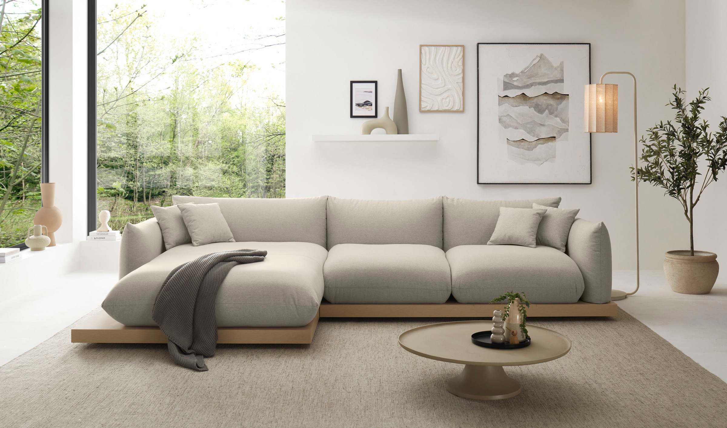 OTTO home Ecksofa »Kalix, Polsterecke mit kräftigem Holz-Plateau, moderne Couch in L-Form«, wahlweise Recamiere links o. rechts, Strukturstoff, hoher Sitzkomfort