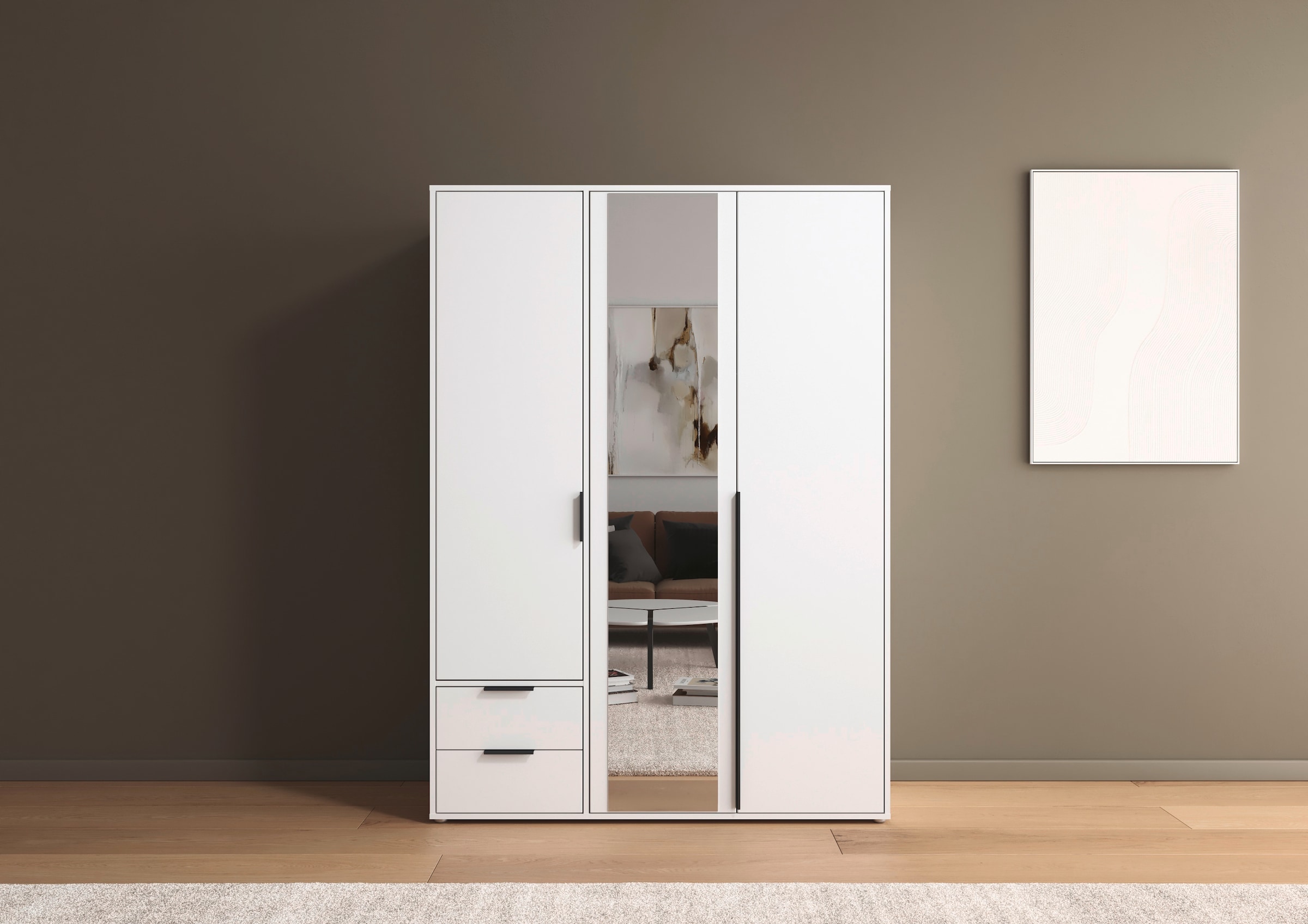 rauch Drehtürenschrank »Kleiderschrank Schrank Garderobe Wäscheschrank NAGATA mit Spiegel« in 3 verschiedenen Ausstattungen BASIC/CLASSIC/PREMIUM,  und Schubladen sowie Stangengriffen TOPSELLER MADE IN GERMANY