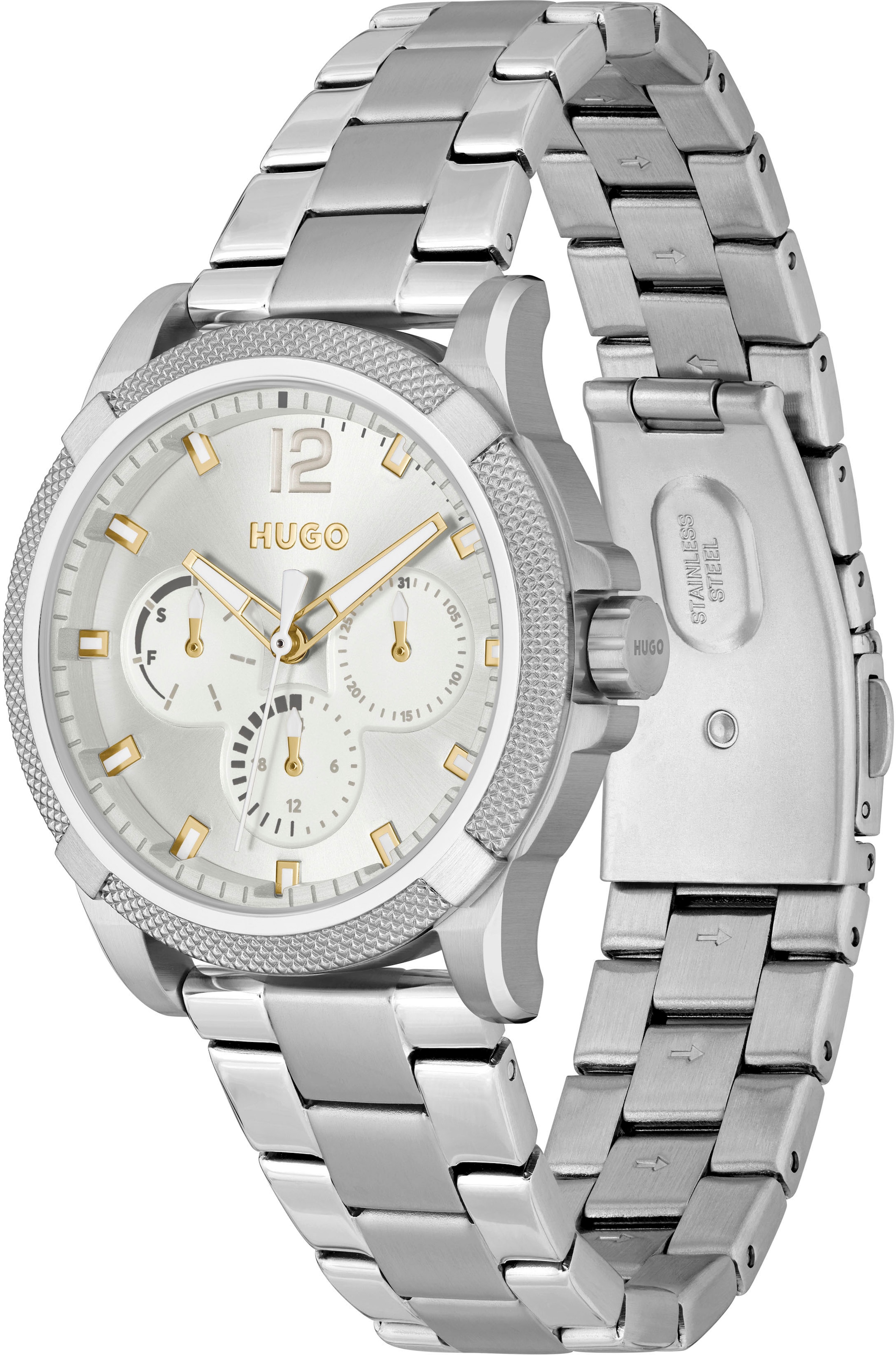 HUGO Multifunktionsuhr »#IMPRESS - FOR HER«, Quarzuhr, Armbanduhr, Damenuhr, Herrenuhr, Edelstahlarmband