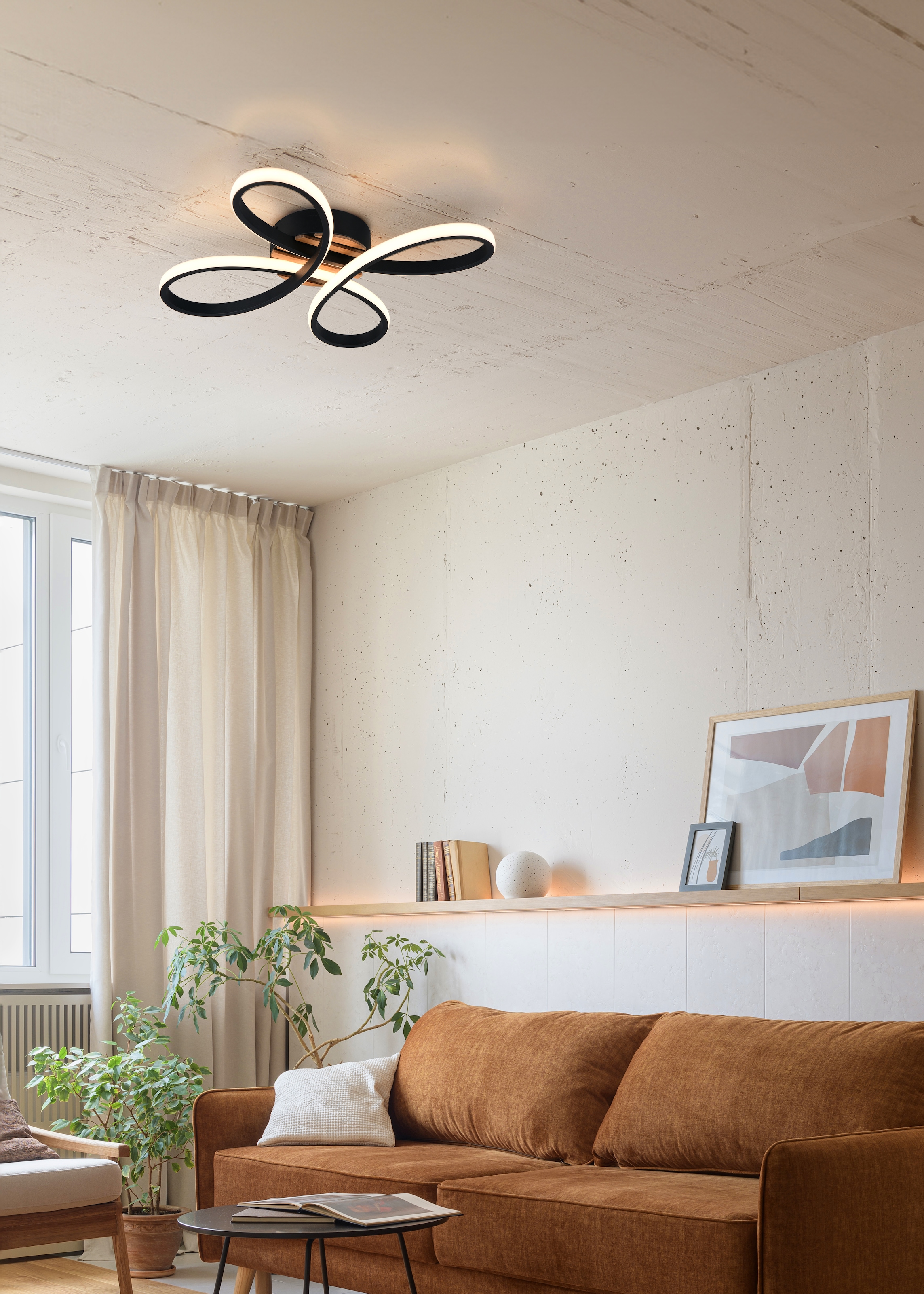 OTTO home LED Deckenleuchte »Ullii, Deckenlampe mit Fernbedienung dimmbar Nachtlicht Memory« LED-Board 1 Stk. warmweiß - kaltweiß CCT stufenlos warm- bis kaltweiß, Holzelemente in Optik Akustikpaneel