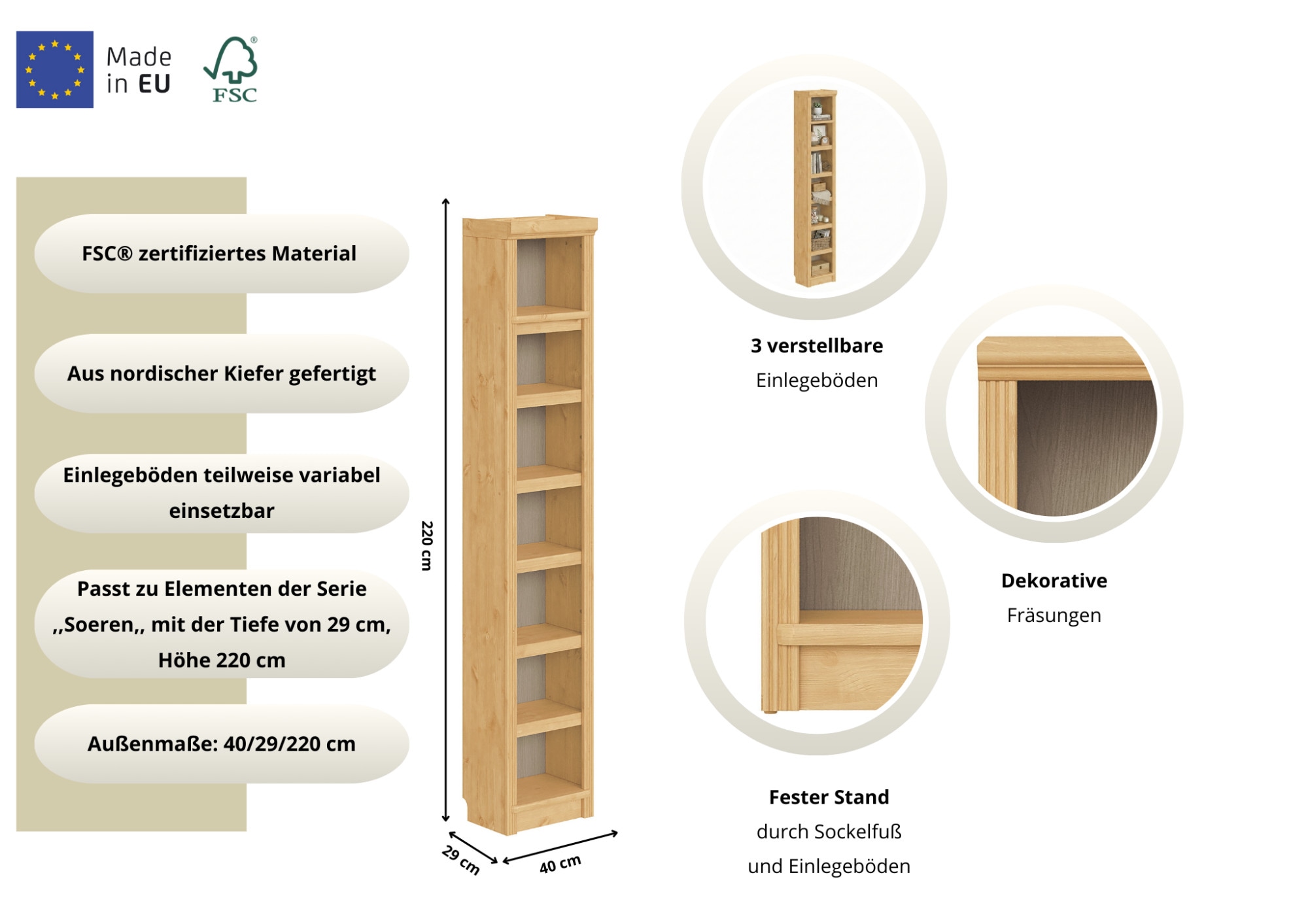 OTTO home Bücherregal »Soeren Regal B/T/H: 40/29/220 cm« Kiefer FSC®-zertifiziert, 7 Fächer und 6 Einlegeböden