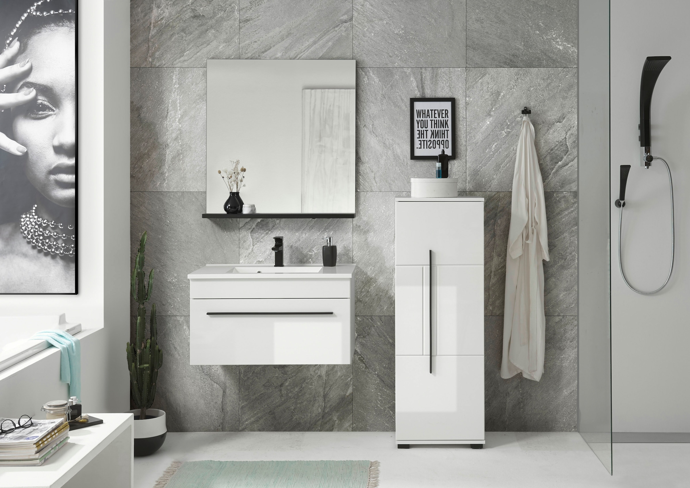 Home affaire Midischrank »Cantara, Badschrank in Hochglanz Weiß, Schrank im modernen Design« mit schwarzen Griffen, ausreichend Stauraum