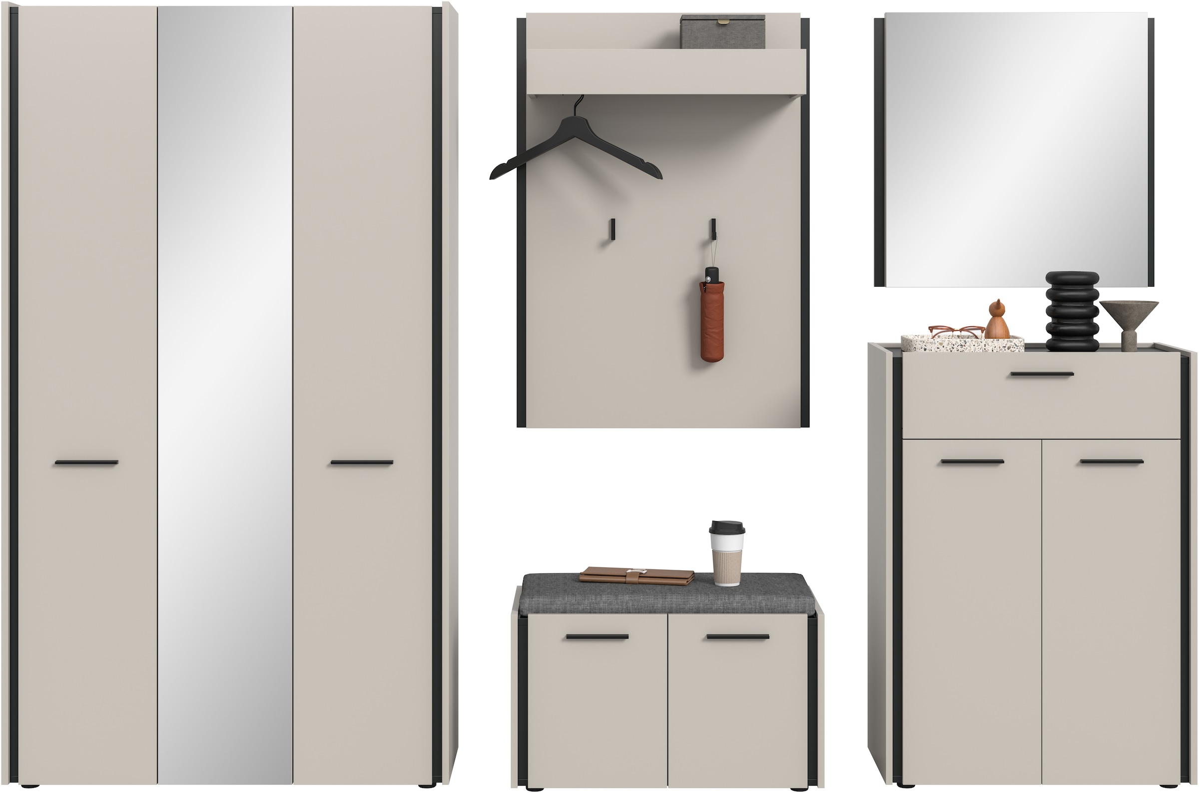 Home affaire Garderoben-Set »RAK, 6-teilige Garderoben-Kombi inkl. Sitzkissen, Breite ca. 287 cm« Garderobenschrank, Sitzbank, Garderobenpaneel, Schuhkommode, Spiegel, 6 Stk. tlg.