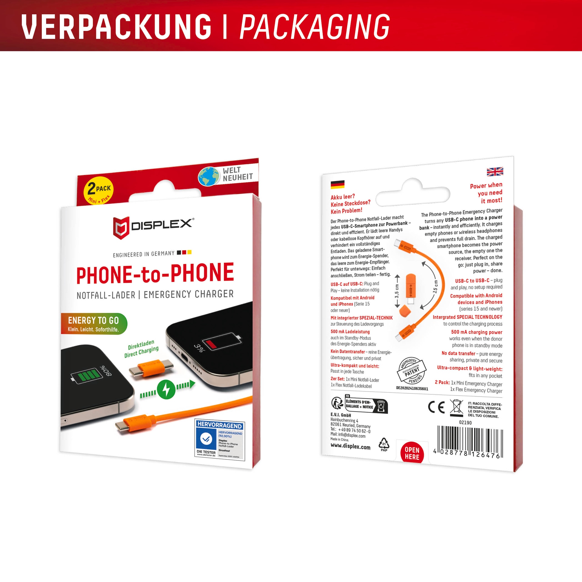 Displex USB-Kabel »Phone-to-Phone Notfall-Lader« USB-C 15 cm 1x Mini Notfall-Lader (3,5cm) 1x Flex Notfall-Ladekabel (15cm)