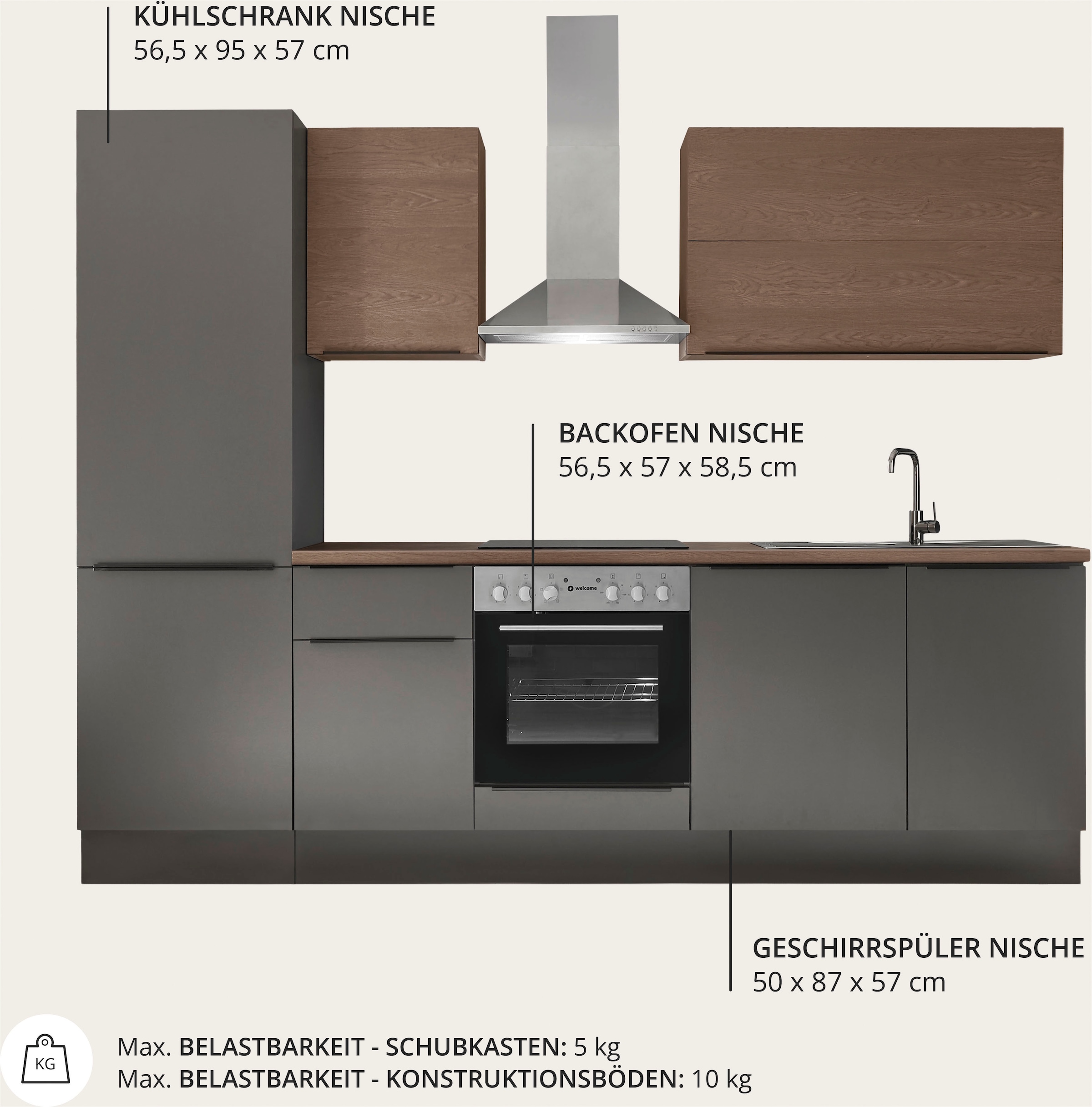 KOCHSTATION Küchenzeile »Cocco« Breite 280 cm, wahlweise mit E-Geräten und Induktion