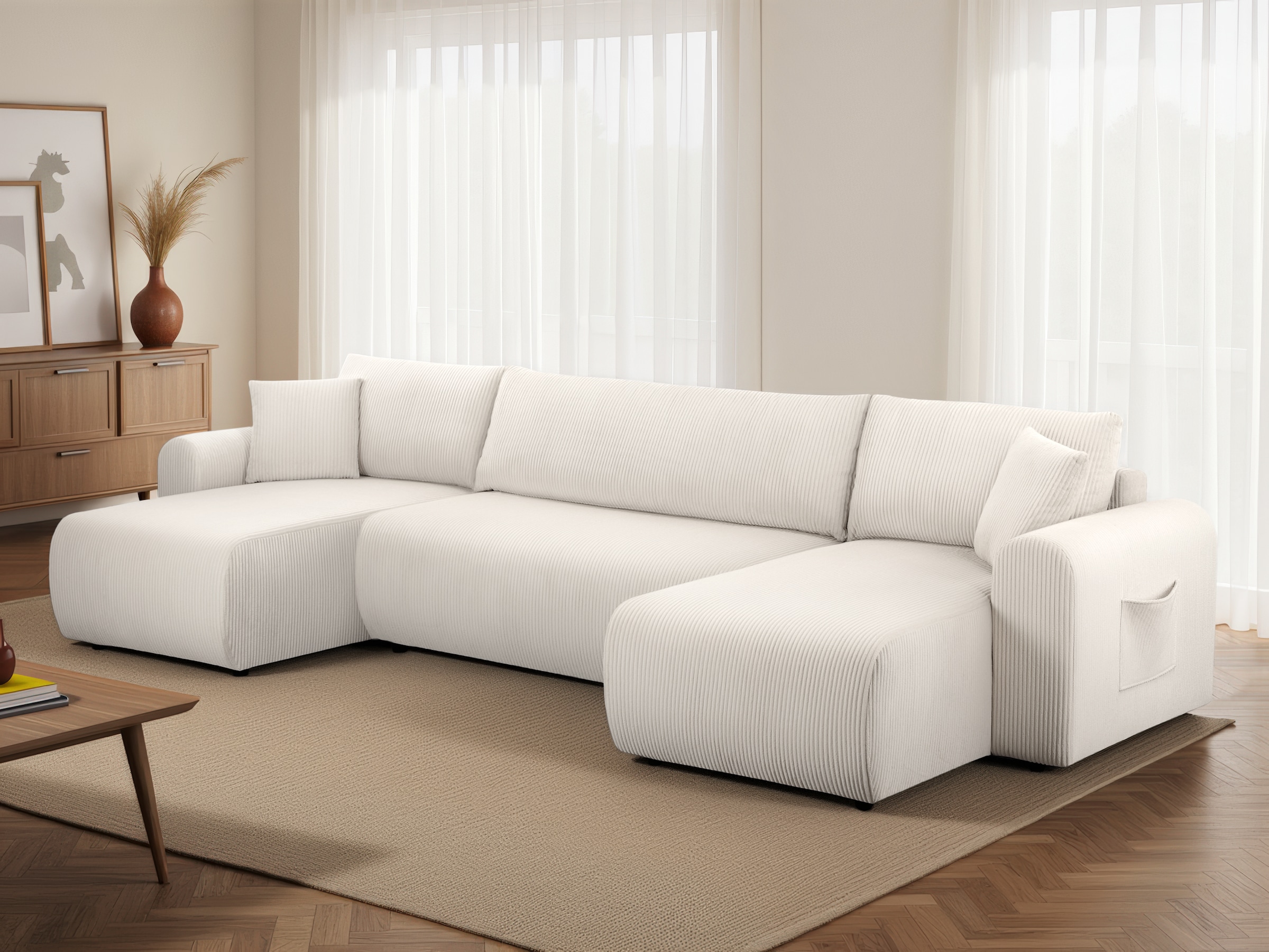 OTTO home Wohnlandschaft »JONAA, 311 cm, U-Form, Schlafsofa, Boxspringfederung, Cord u. Struktur« 133/270cm, Bettkasten, Seitentaschen, Cord und Struktur