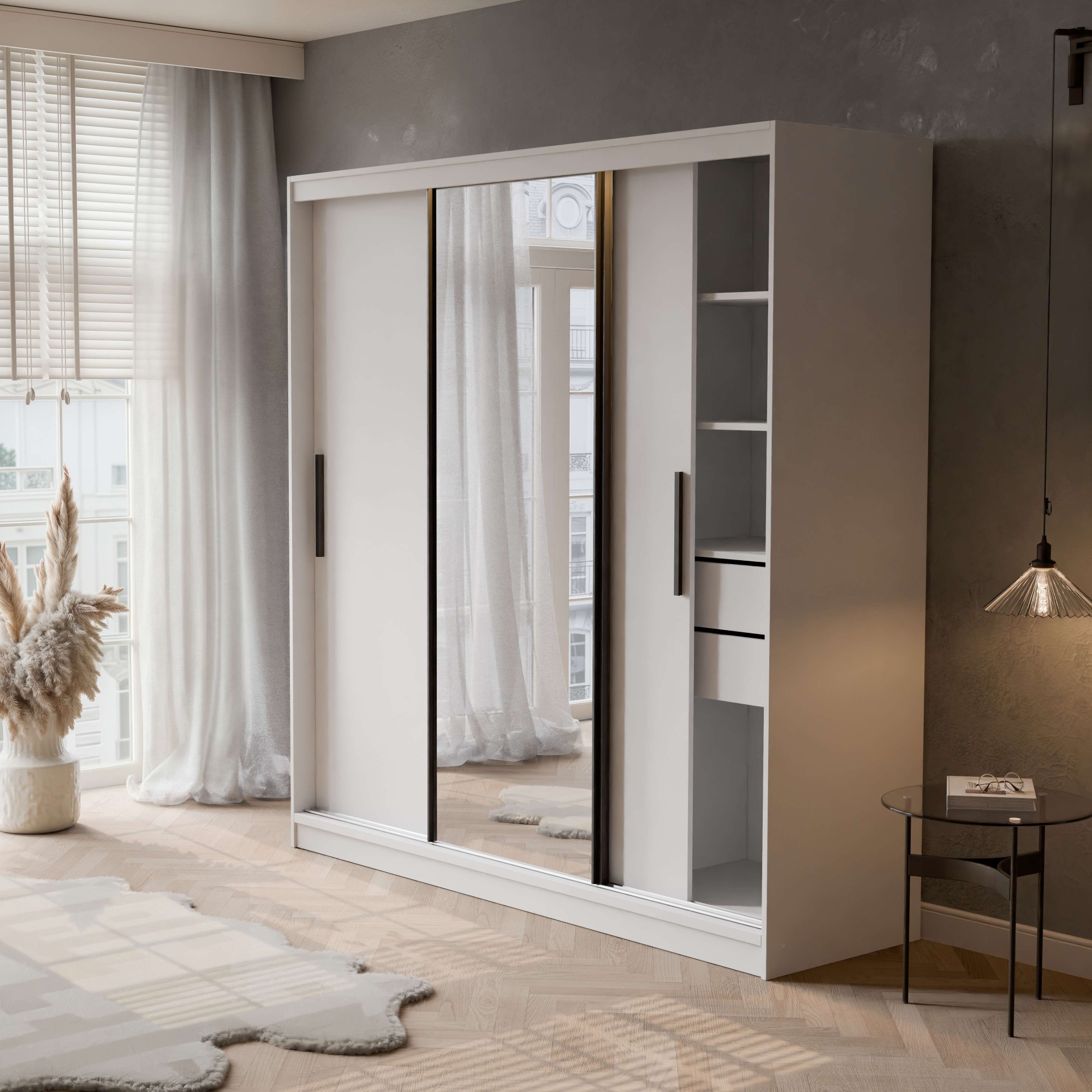 OTTO home Kleiderschrank »JORELLA,  Schwebetürenschrank, Stil trifft Qualität und Funktion« H/B/T ca. 210/200/59 cm,  3 Türen, schwarz abgesetzt, viel Stauraum, Spiegel