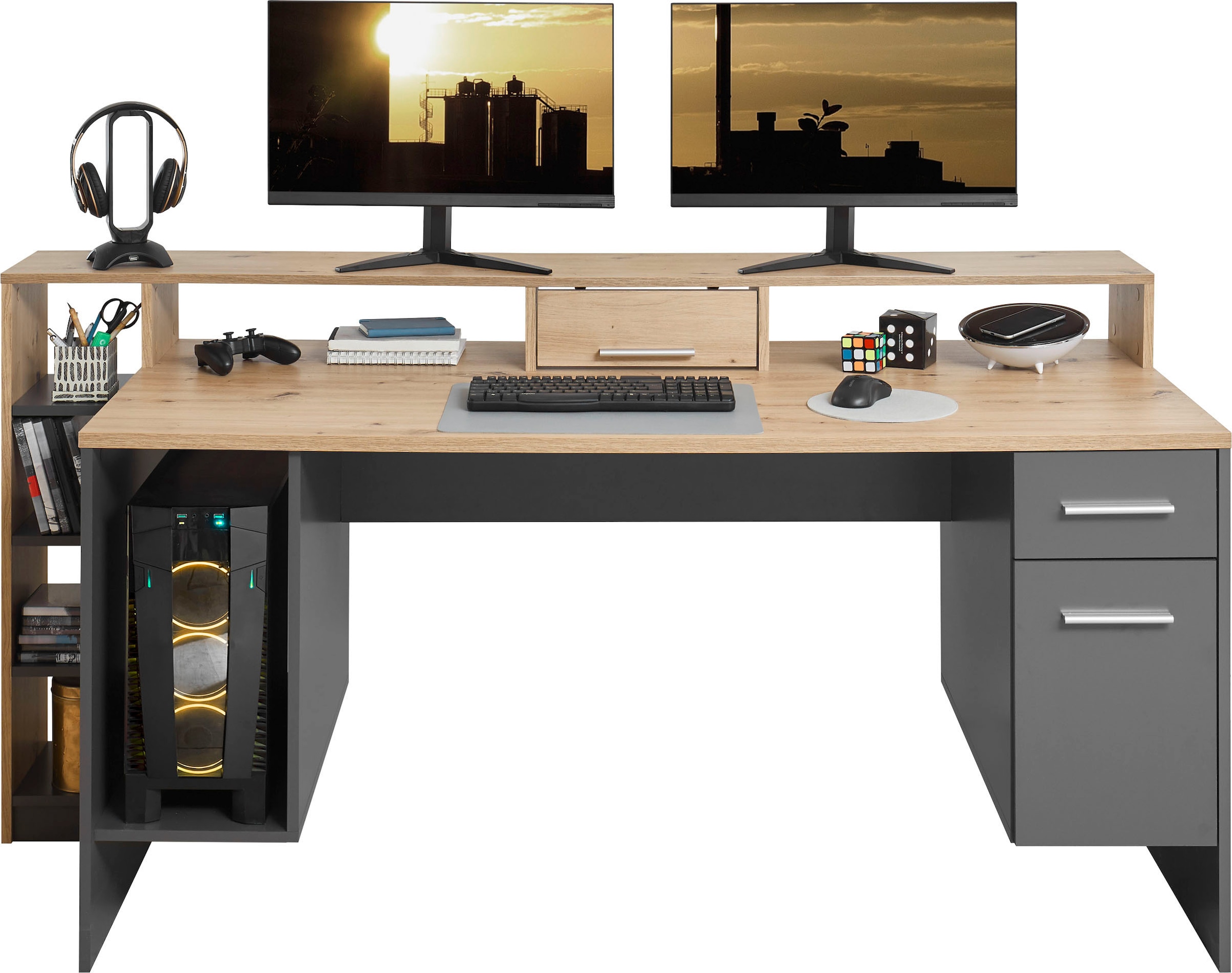 BEGA OFFICE Gamingtisch »Highscore 4«, Grau inkl. LED Beleuchtung, Computertisch mit Desktopfach