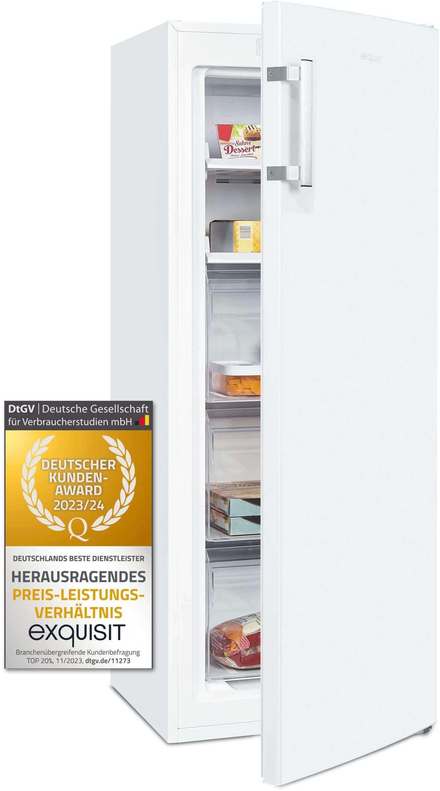 exquisit Gefrierschrank »GS231-NF-H-040D weiss«, 143 cm hoch, 54 cm breit, 161 Liter Nutzinhalt, NoFrost, Schnellgefrieren