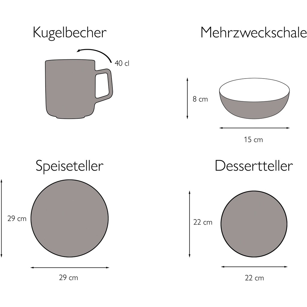 CreaTable Kombiservice »Geschirr-Set Fjord«, (Set, 8 tlg., Kaffeeservice und Tafelservice im Set, für 2 Personen)