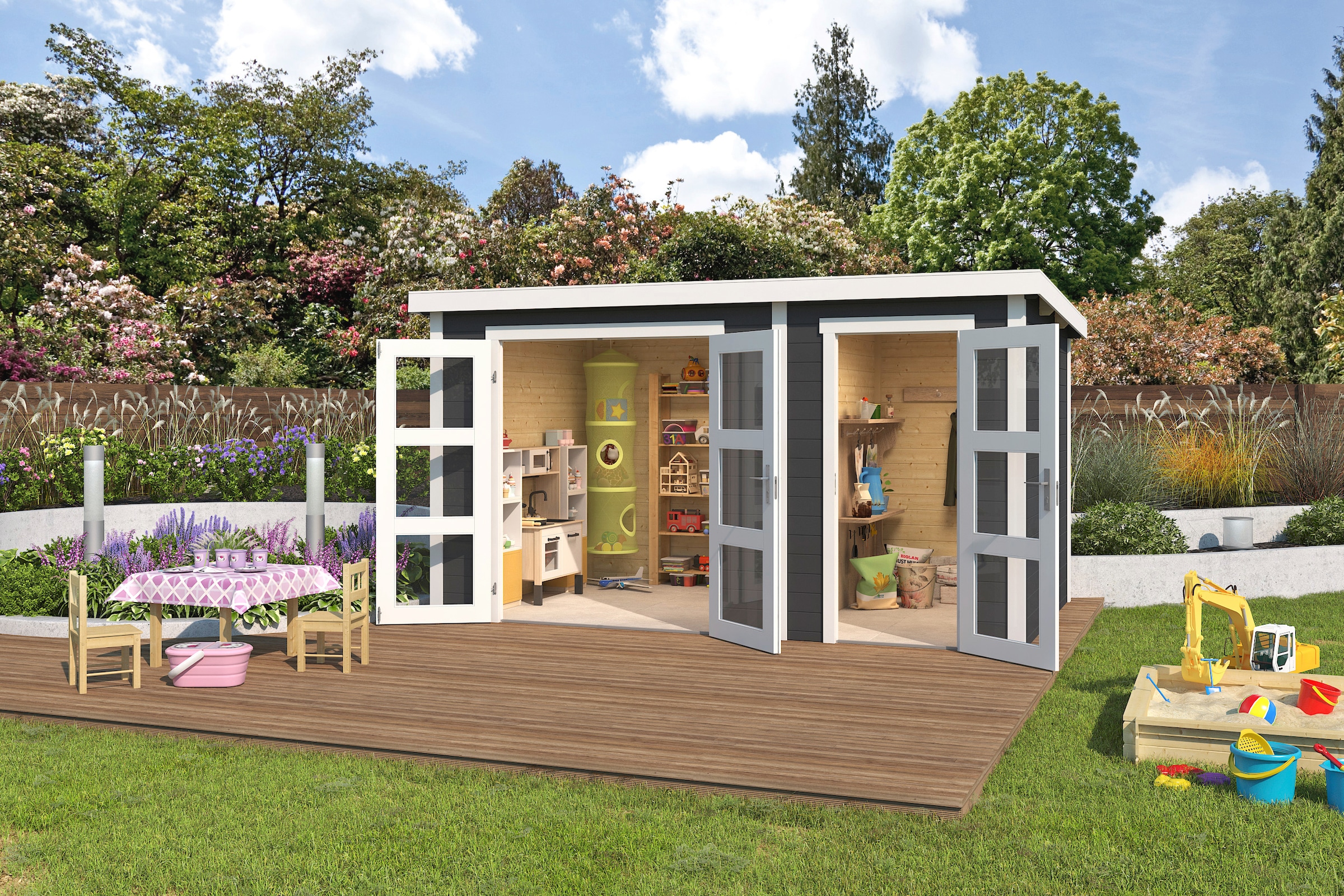 LASITA MAJA Gartenhaus »Zambesi XL«, (Set), Blochbohlenhaus 28mm 2-Raum, Fundamentmass 3800x2400, Carbongrau