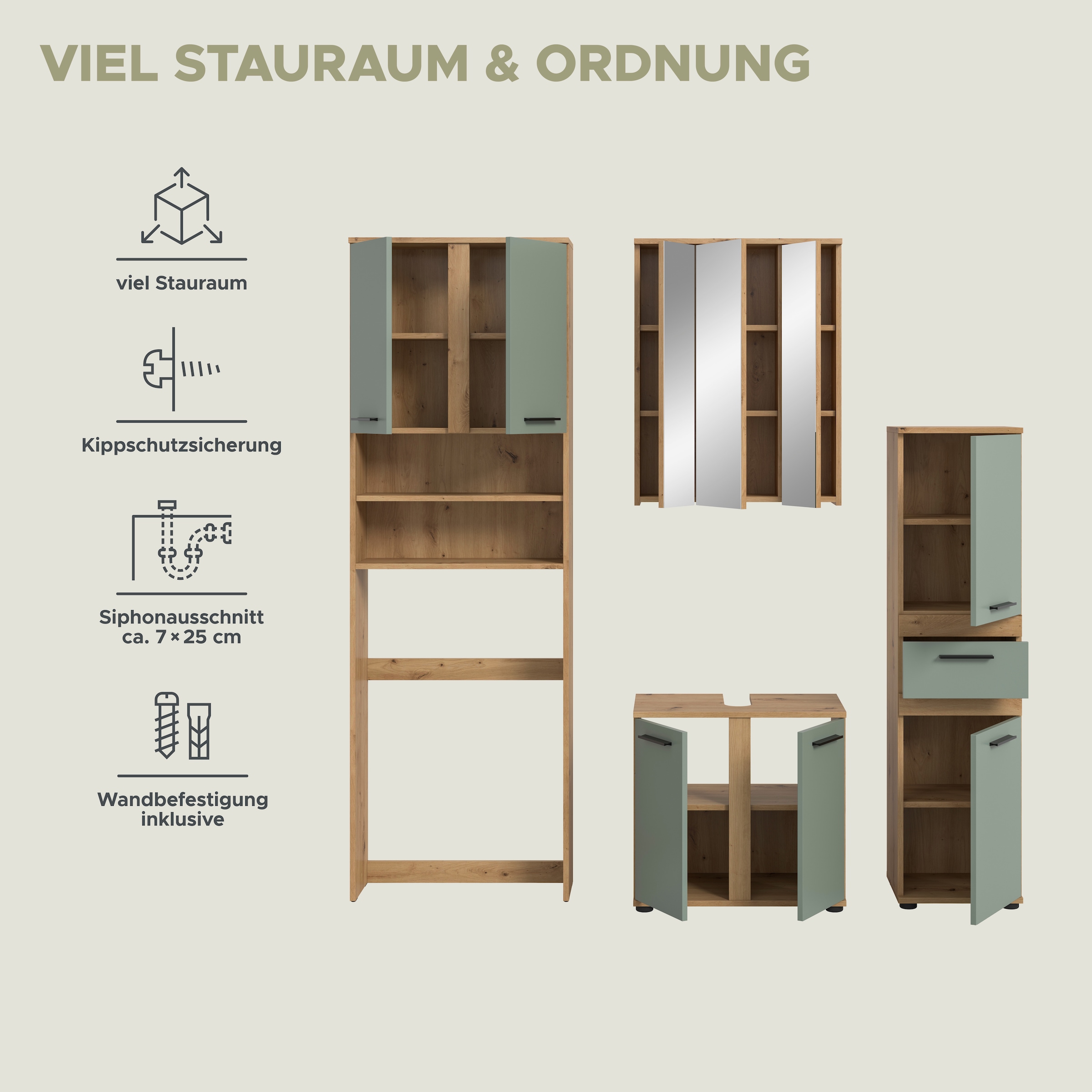 welltime Badmöbel-Set »LUCCA, 4-tlg. Badkombination, viel Stauraum, modernes Design« 4 Stk. tlg.