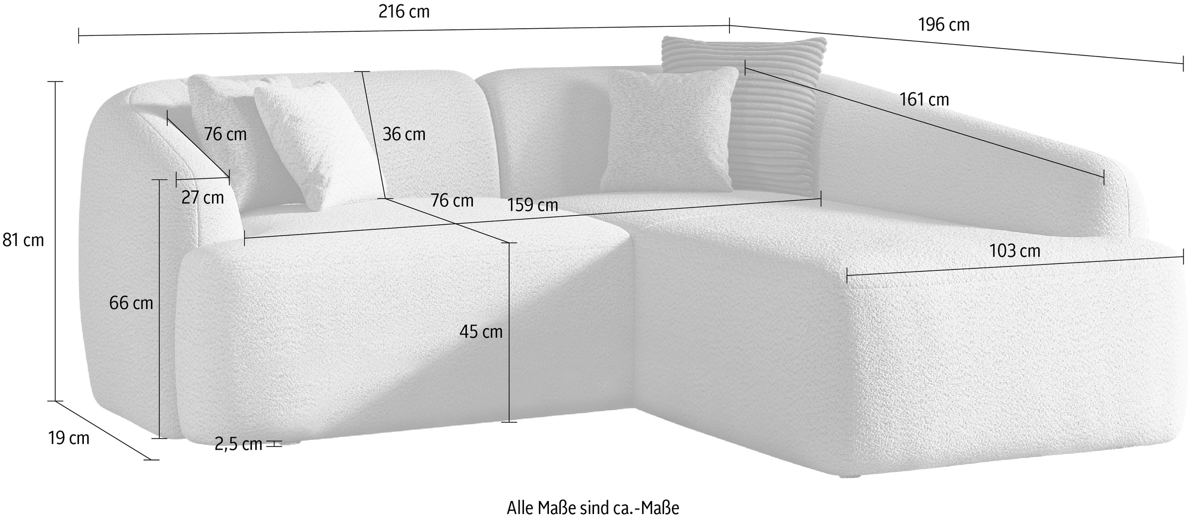 INOSIGN Ecksofa »Nergal, kompakte Stellmaße, Breite 216cm, organisches Design, L-Form«, Modernes Design, schlichte Optik, stilvoller Blickfang im Wohnzimmer