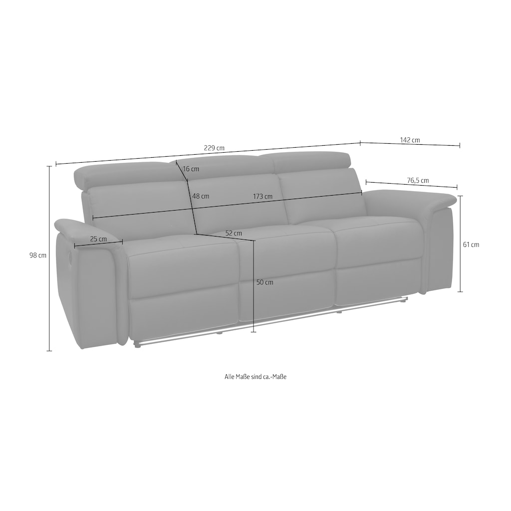 Places of Style 3-Sitzer »Pareli 229cm, manuelle u. elektr. Relaxfunktion in 2 Sitzen«