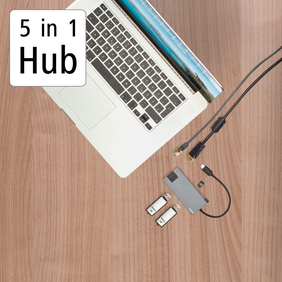 Hama USB-Adapter »USB-C Multiport Hub für Laptop mit 5 Ports, USB-A, USB-C, HDMI, LAN«, USB-C zu USB Typ C-USB Typ A-HDMI-RJ-45 (Ethernet), 15 cm, Laptop Dockingstation, kompakt, robustes Gehäuse, silberfarben