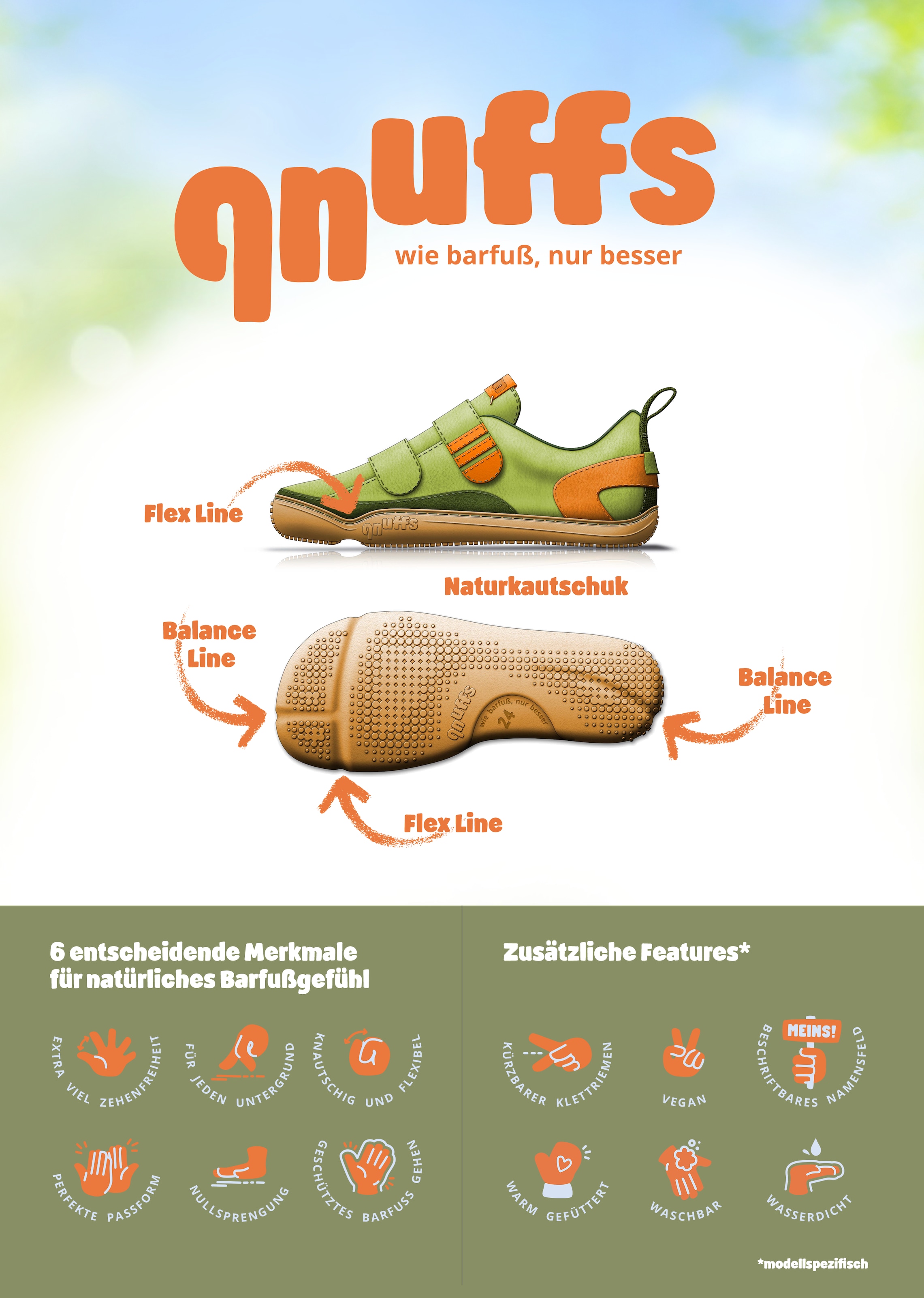 qnuffs Barfußschuh »Erle«  Klettschuh, Halbschuh, Sneaker mit Kontrastbesätzen