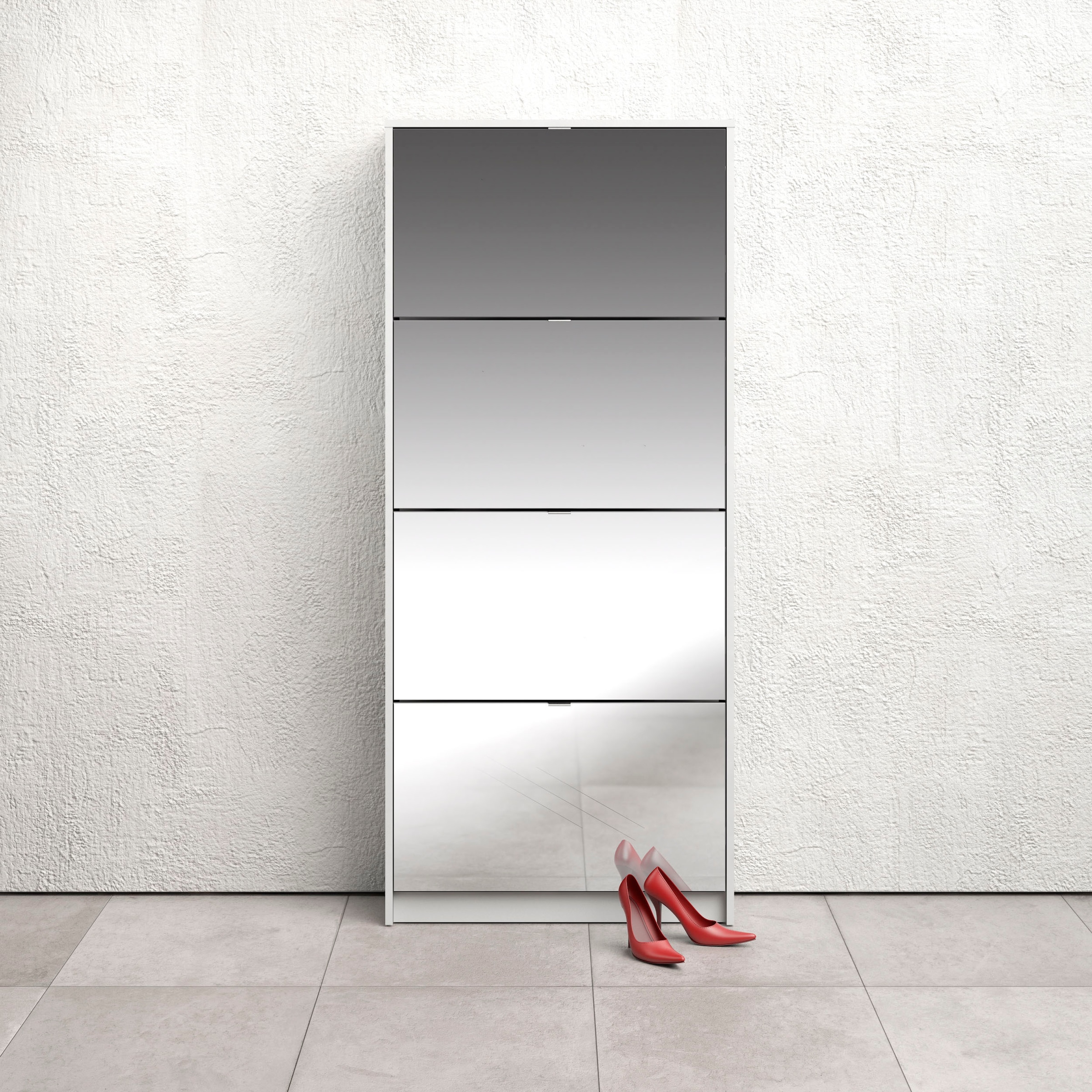 Shoes Shoe cabinet with 4 mirror tilting doors and 2 layers White, none