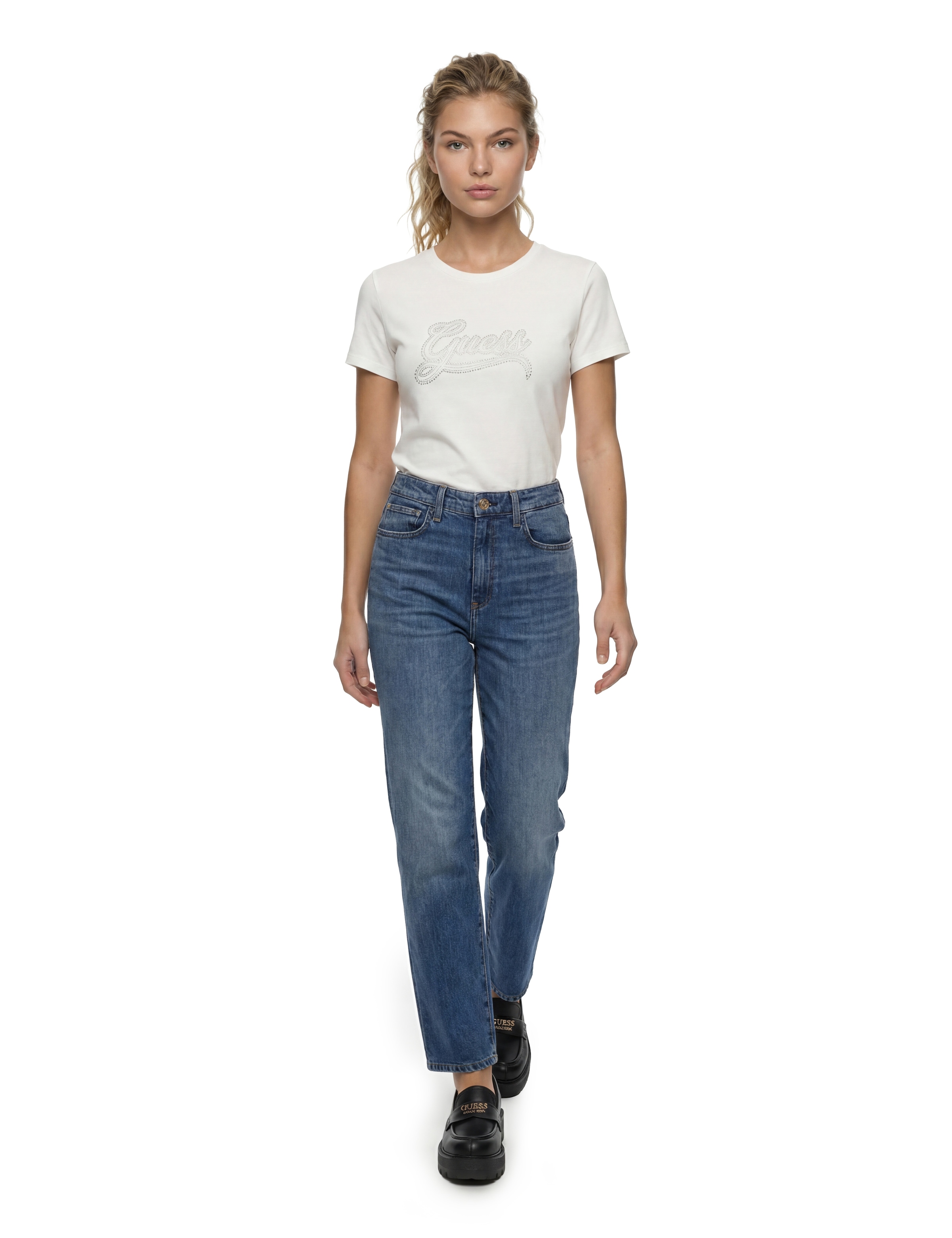 Guess T-Shirt »SS GUESS STUD LOGO EASY TEE« mit Nietenbesatz, Regular Fit