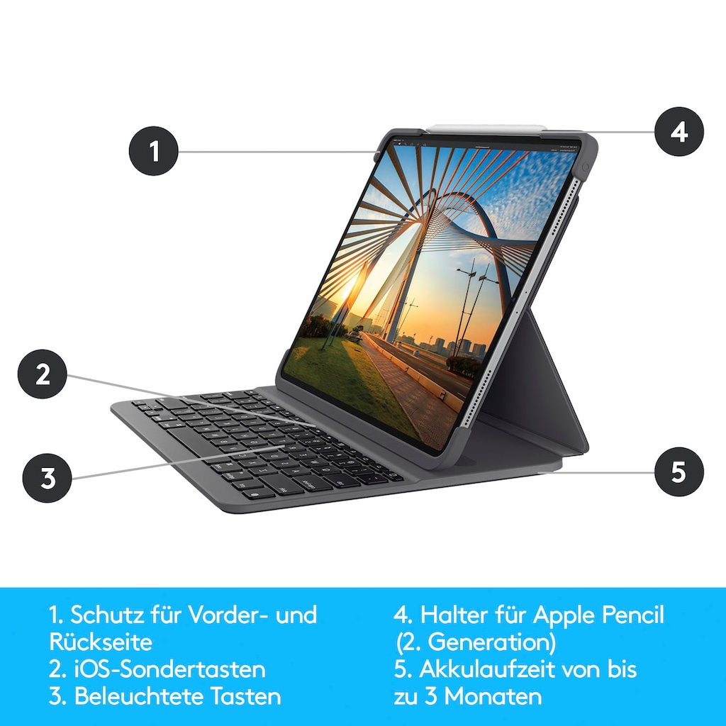 Logitech Apple-Tastatur »Slim Folio Pro for iPad Pro 12.9-inch (3rd and 4th gen)«, (Schutzhülle-Magnetverschluss-iOS Sondertasten)