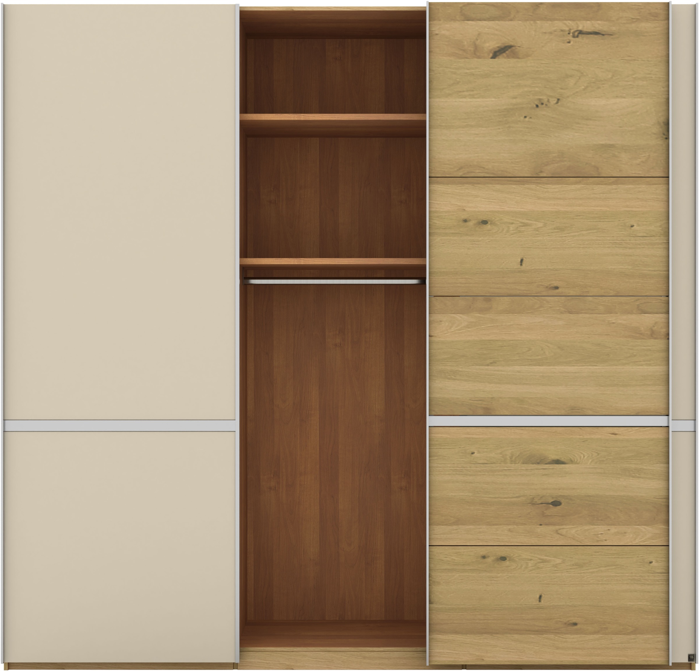 Musterring Schwebetürenschrank »Savona, Kleiderschrank, Schrank, Garderobe, mit Schiebetüren«, (Teilmassiv Bianco-Eiche, mit Spiegel oder Glas, MADE IN GERMANY), Türen Bianco-Eiche massiv, Spiegel-/Glastüren, eingelegte Chromleiste