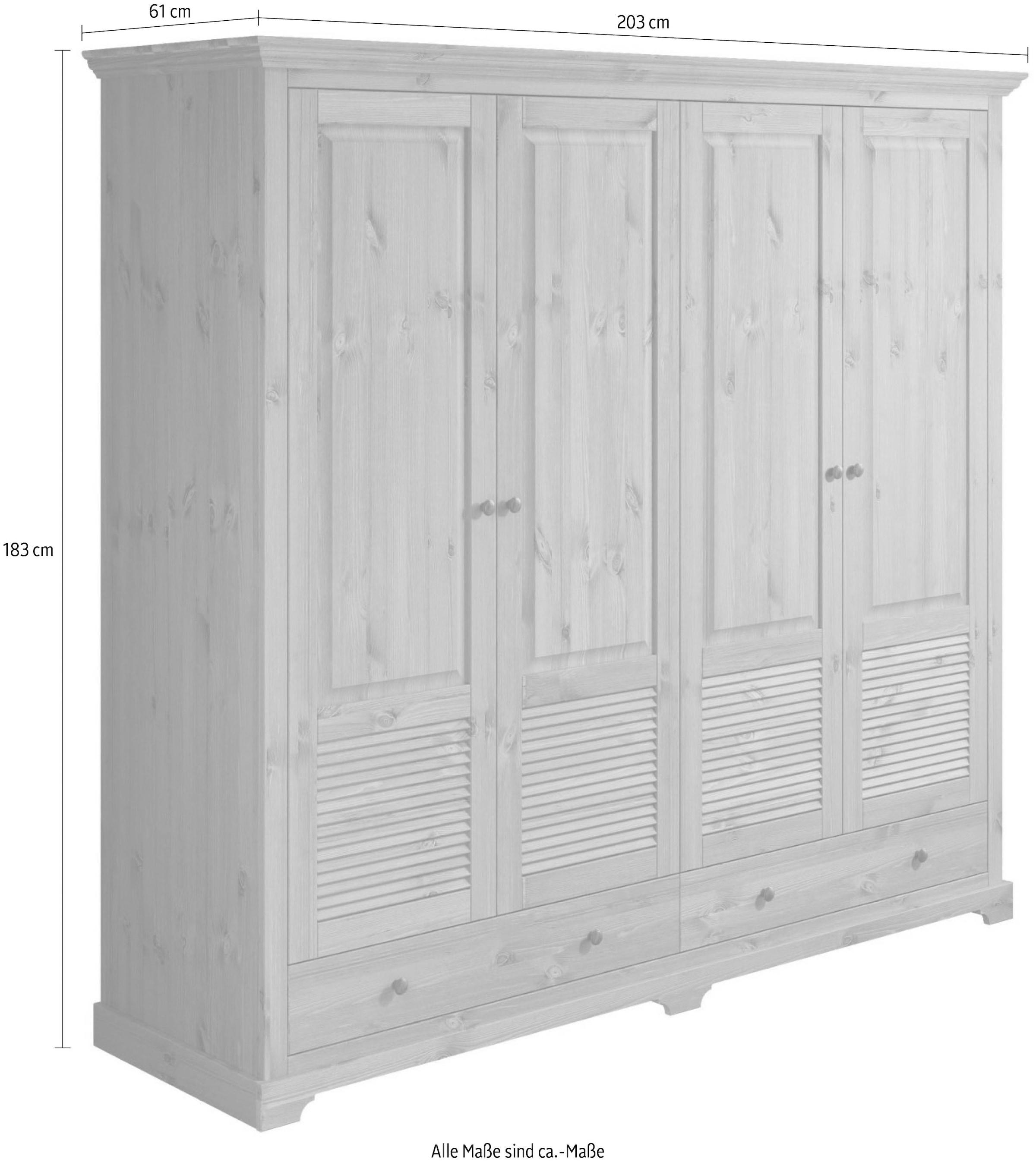 Home affaire Kleiderschrank »Rauna, aus massiver Kiefer, 4-türig, mit Lamellen und Kassetten«, (B/H/T ca. 203/183/61), FSC® zertifiziertes Massivholz (Kiefer), robuste Qualität