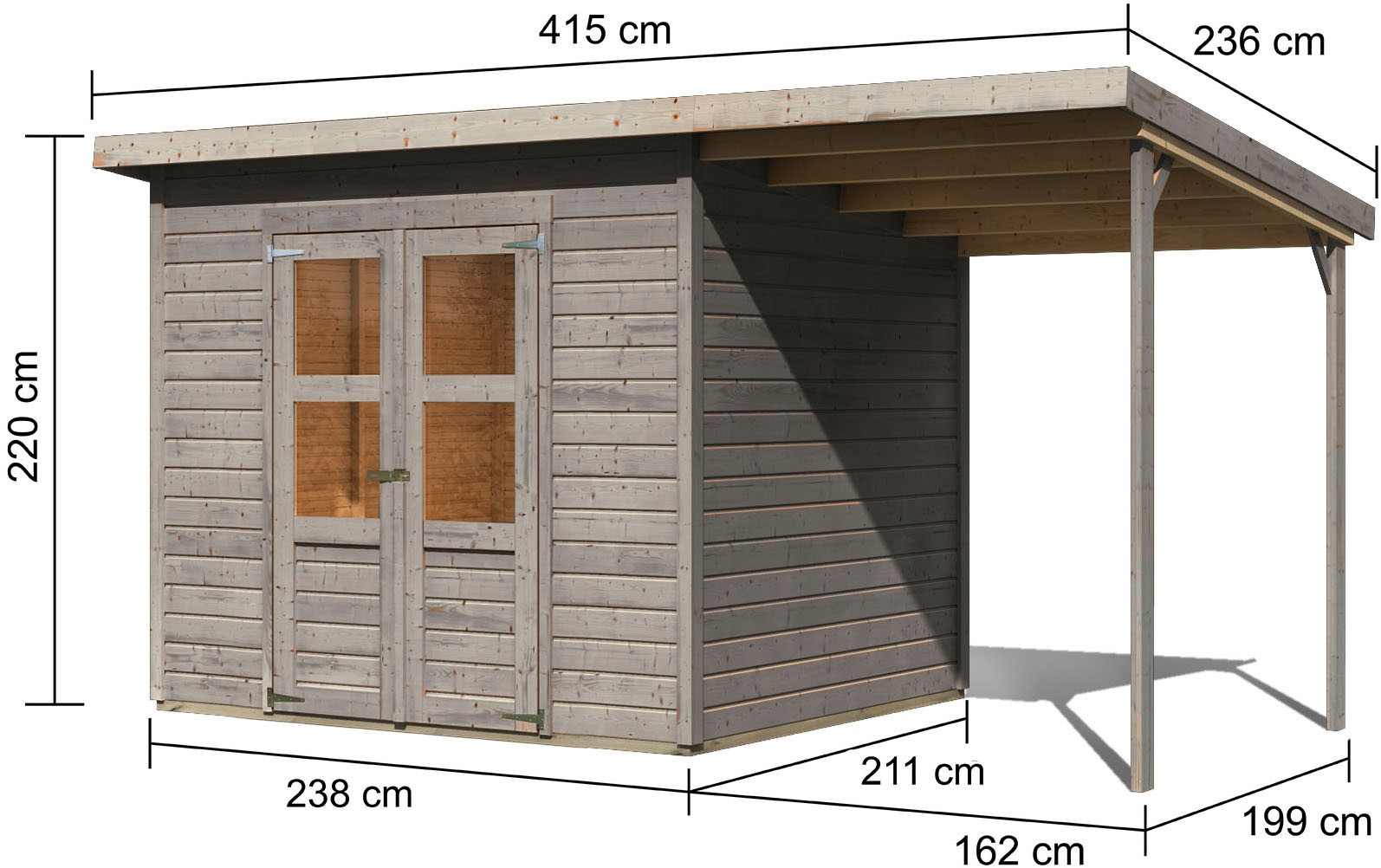 Karibu Gartenhaus »»Merseburg 5« vorvergraut mit Anbaudach« aus Fichtenholz, farbig lasiert