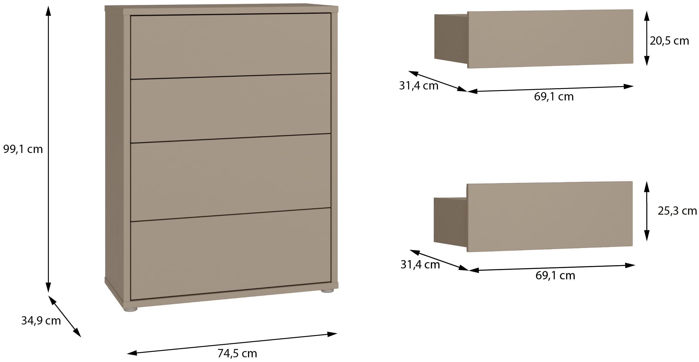 FORTE Kommode »Alice Springs, Kommode 4 Schubkästen B/H/T 74,5/99,1/34,9 cm« Schubkästen mit Vollauszug, Grifflos, Push to open
