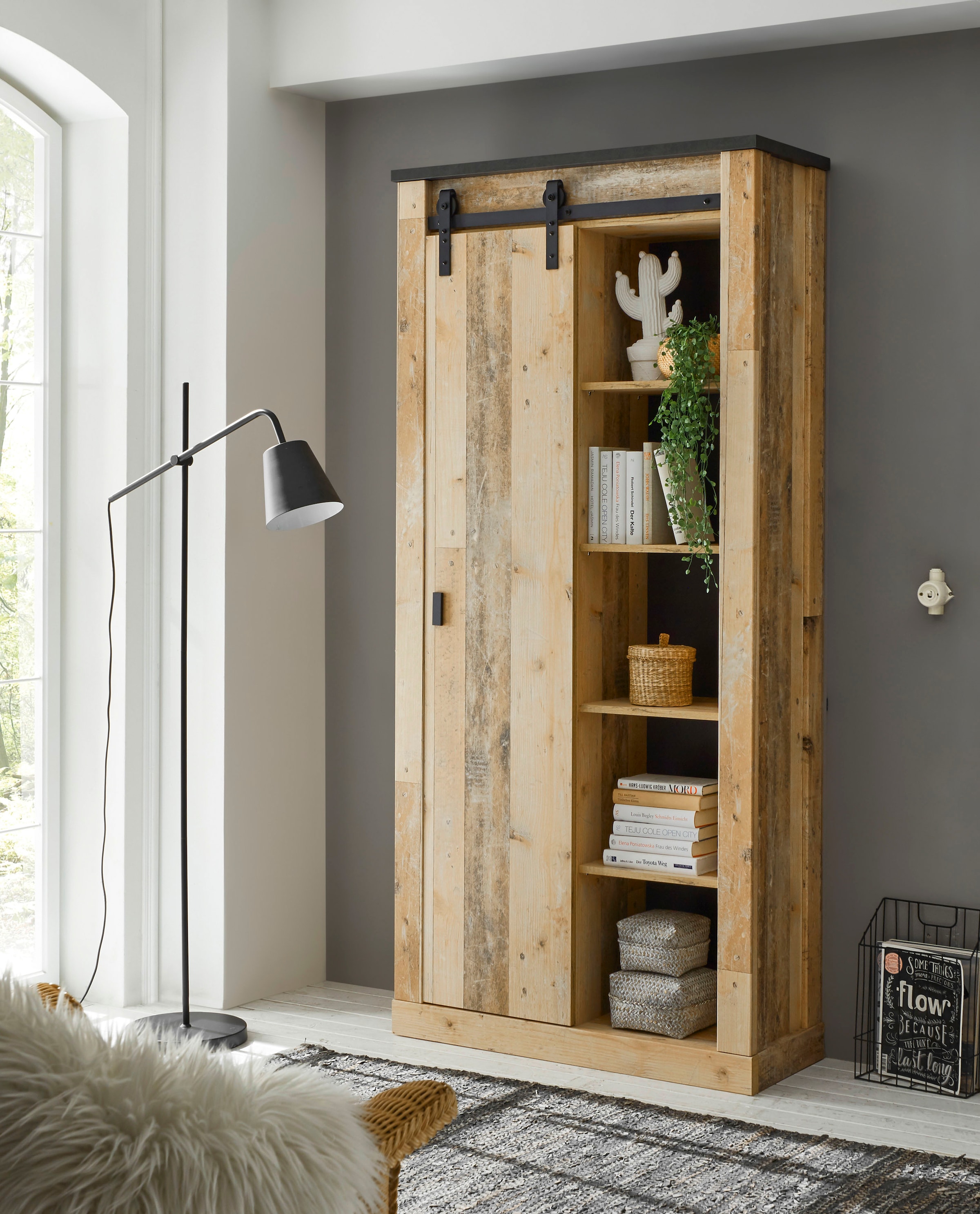 Home affaire Regal »SHERWOOD«, modernes Holz Dekor, mit Scheunentorbeschlag aus Metall, Höhe 201 cm