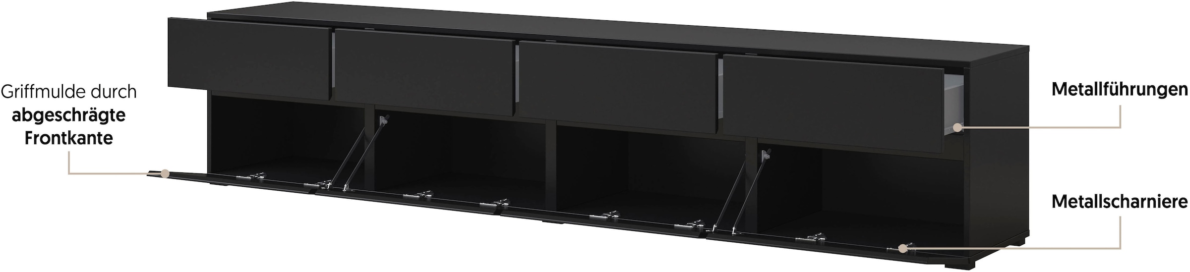 OTTO home Lowboard »Cross, moderne grifflose TV-Kommode,4 Klappen/4 Schubkästen« Breite 225 cm, TV-Schrank mit viel Stauraum, TV-Board