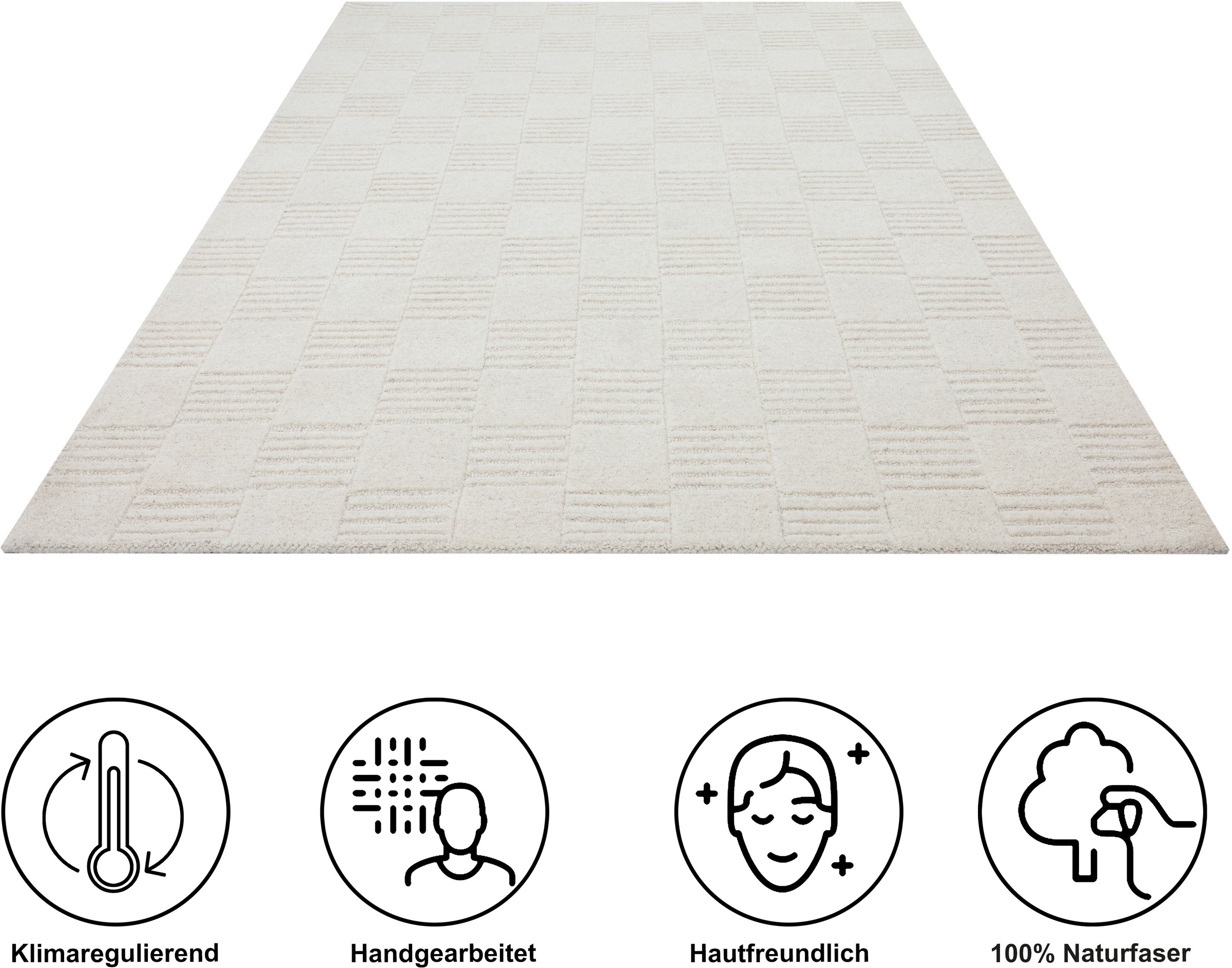 my home Wollteppich »Motala, Handgefertigt, Wolle, Hoch-Tief-Effekt,« rechteckig 14 mm Höhe einfarbig, 3D-Design, Wohnzimmer, Schlafzimmer, Esszimmer