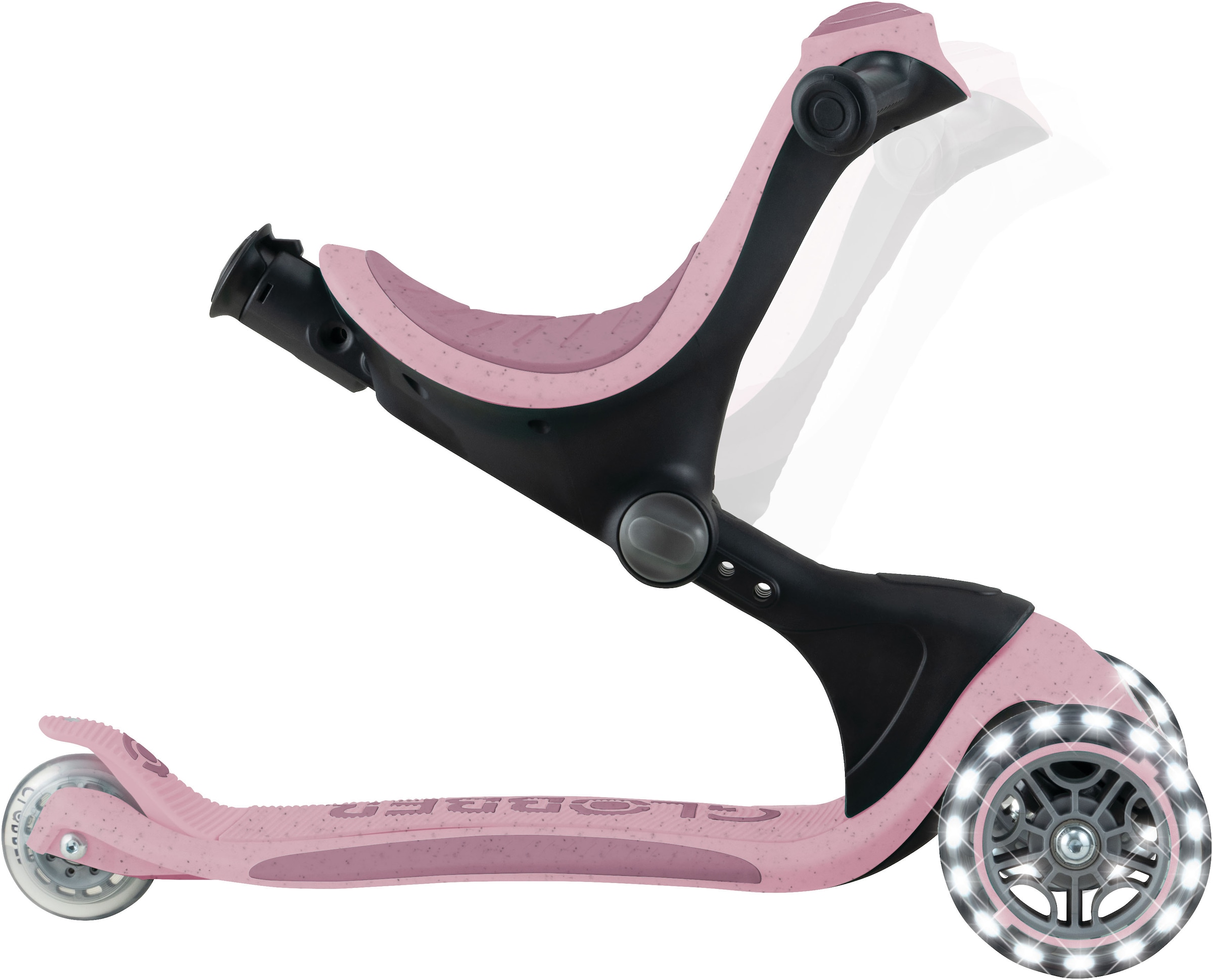 Globber Tretroller »GO-UP DELUXE LIGHTS ECO 360, mit Leuchtrollen« Aufsitzrad mit Schubstange, Laufrad und Scooter