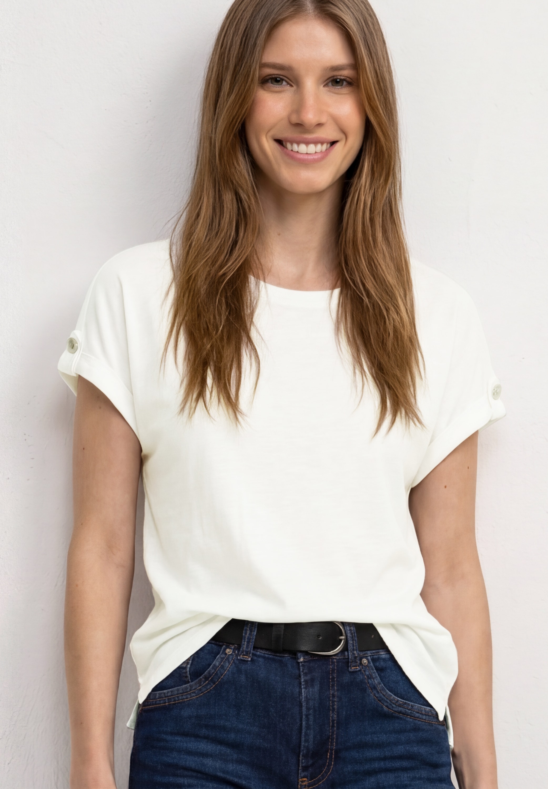 STREET ONE Shirttop Sommershirt mit Rundhals und Knopfdetails