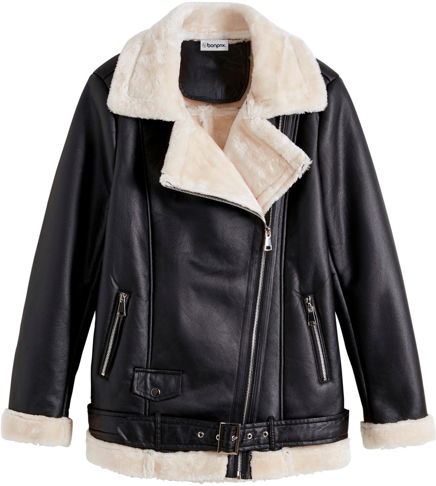 bonprix Bikerjacke unifarbenes Design mit Farbeinsätzen, mit Fellimitatkragen