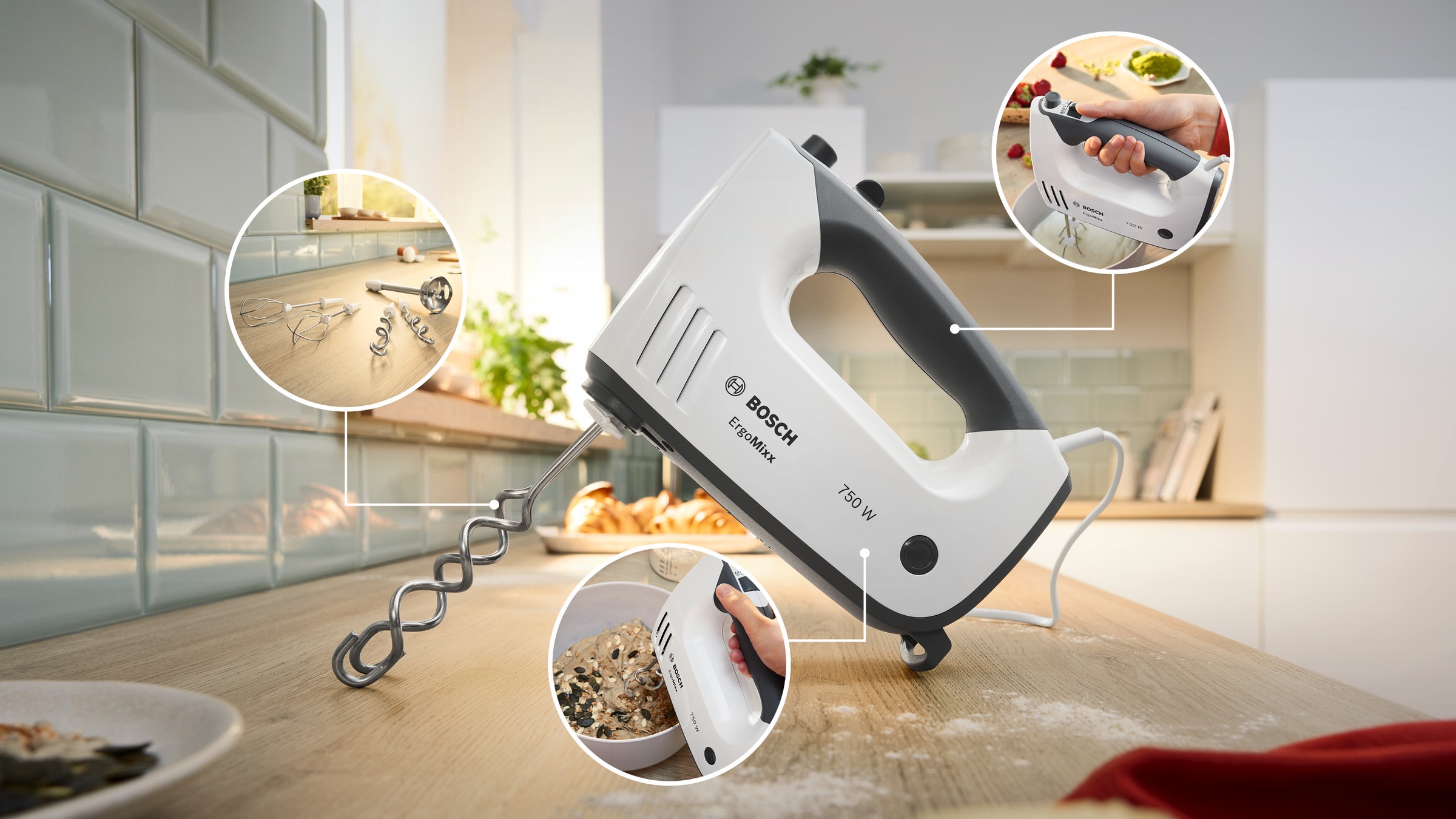 BOSCH Handmixer »ErgoMixx MFQ37480, Edelst. Rührbesen/Knethaken, Mixfuß, weiß/grau«, 750 W, Zerkleinerer, Becher, 5 Stufen, Turbotaste, Made in Europe