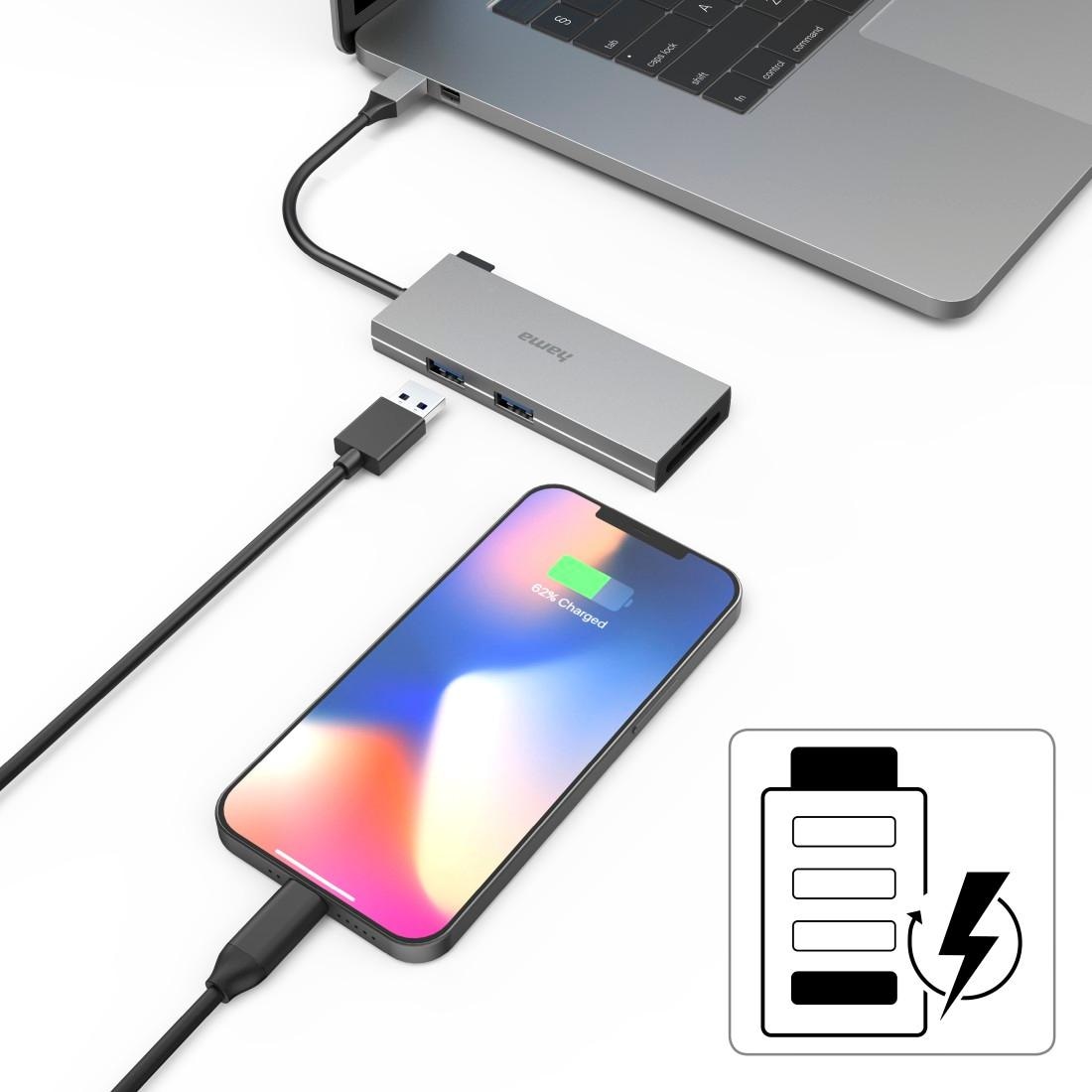 Hama USB-Adapter »USB-C Multiport Hub Laptop mit 6 Ports, USB-A, USB-C, HDMI, SD microSD«, USB-C zu USB Typ A-USB Typ C-HDMI-SD-Card, 15 cm, Laptop Dockingstation, kompakt, robustes Gehäuse, silberfarben