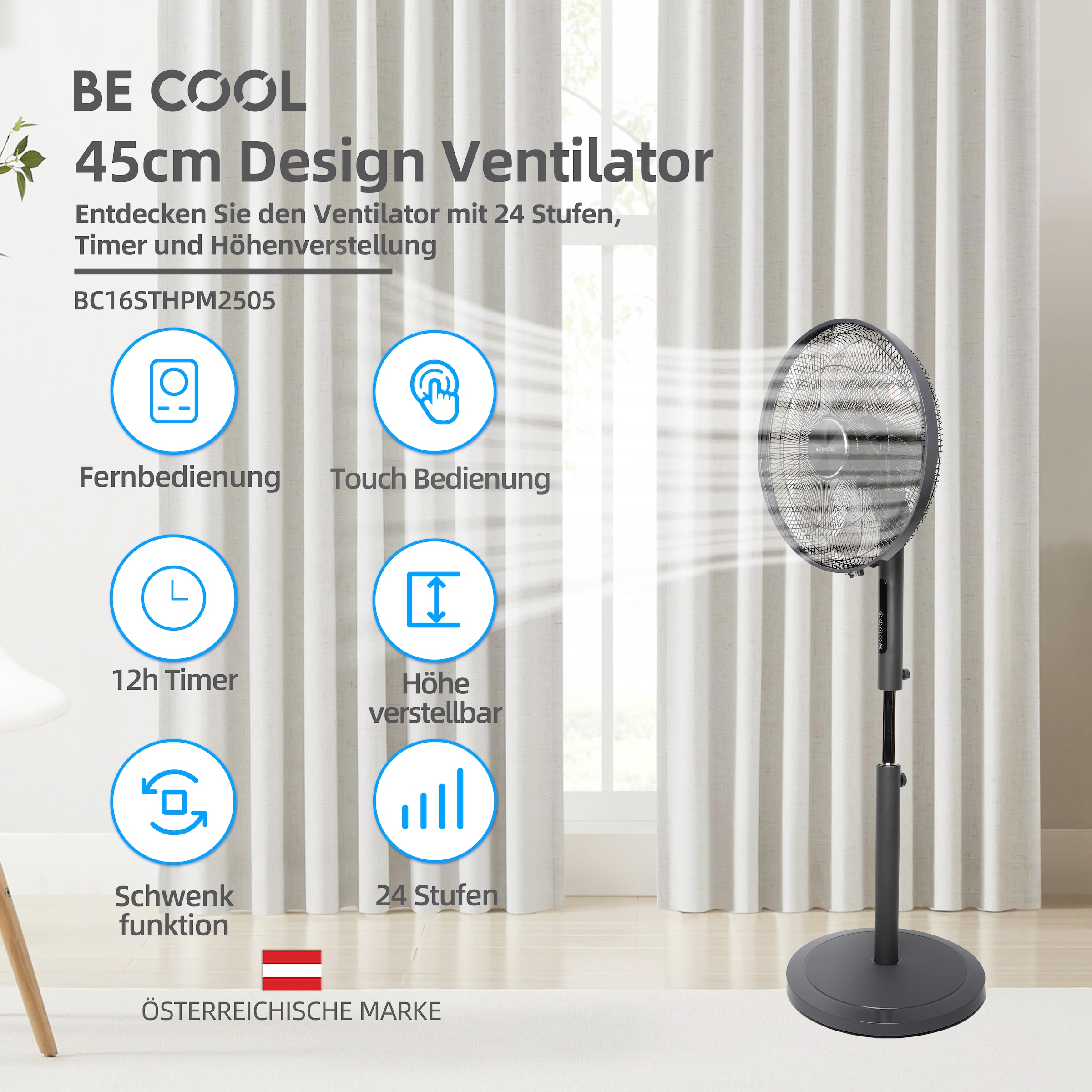 be cool Standventilator »Gleichstrom-Standventilator 45cm mit 7 Rotorblättern«, energieeffizient, 7-flügelig, Fernbedienung