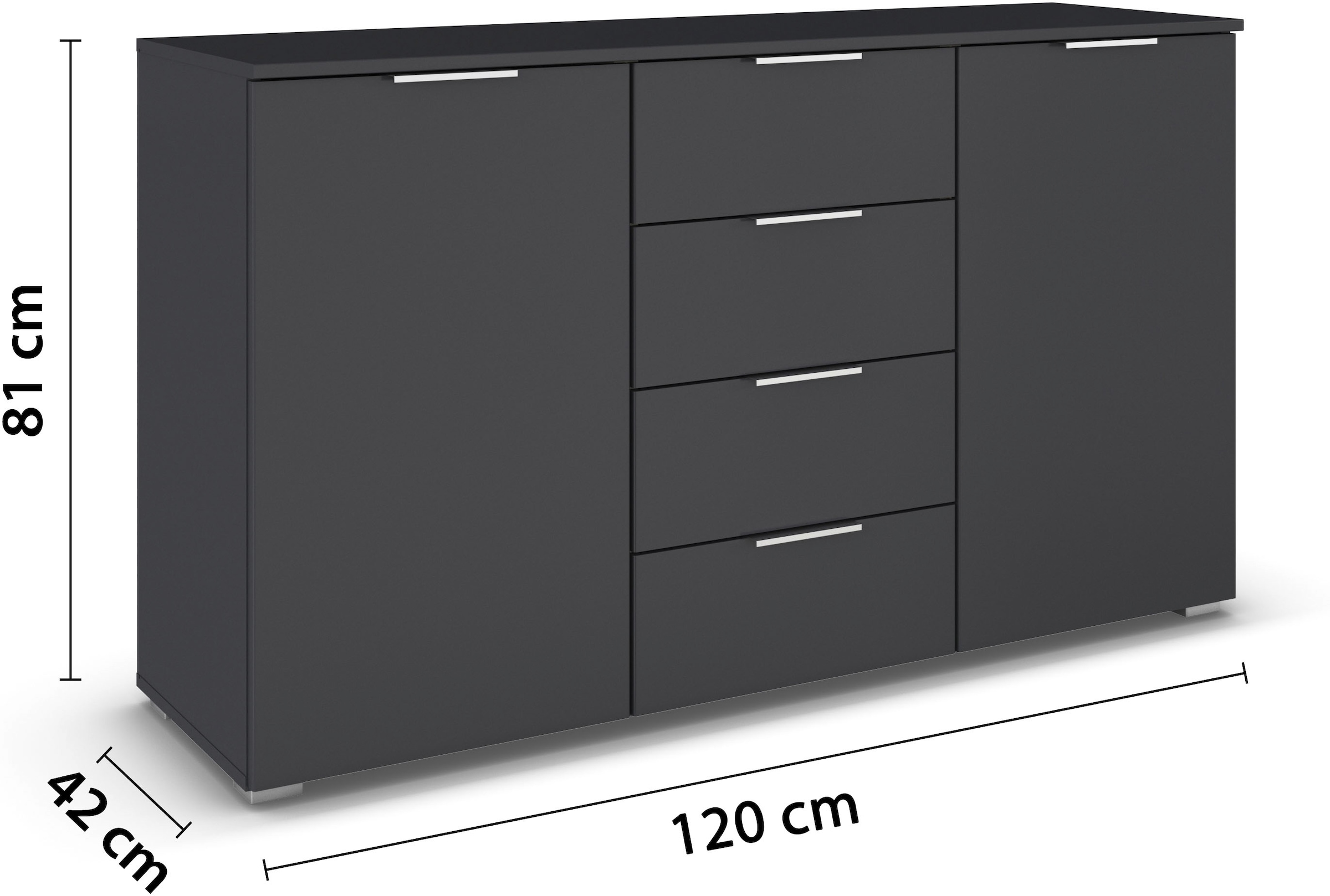rauch Kombikommode »Sideboard Schubladenkommode AGORDO mit Dekor- oder Hochglanzfront«, (in zwei Griff-Farben, Breite 120 cm), vier große Schubladen, mit insgesamt 4 Einlegeböden MADE IN GERMANY