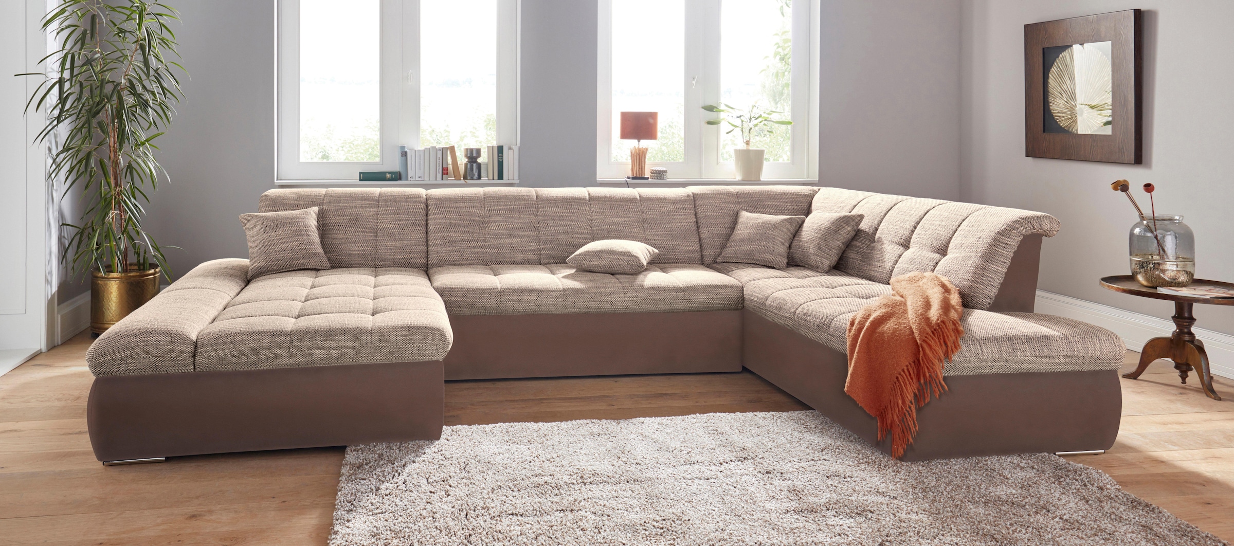 DOMO collection Wohnlandschaft »PB Moric wahlweise mit Bettfunktion und Armteilverstellung  U-Form«, XXL-Format B/T/H: 353/216/80 cm, feine Steppung, incl. Zierkissen