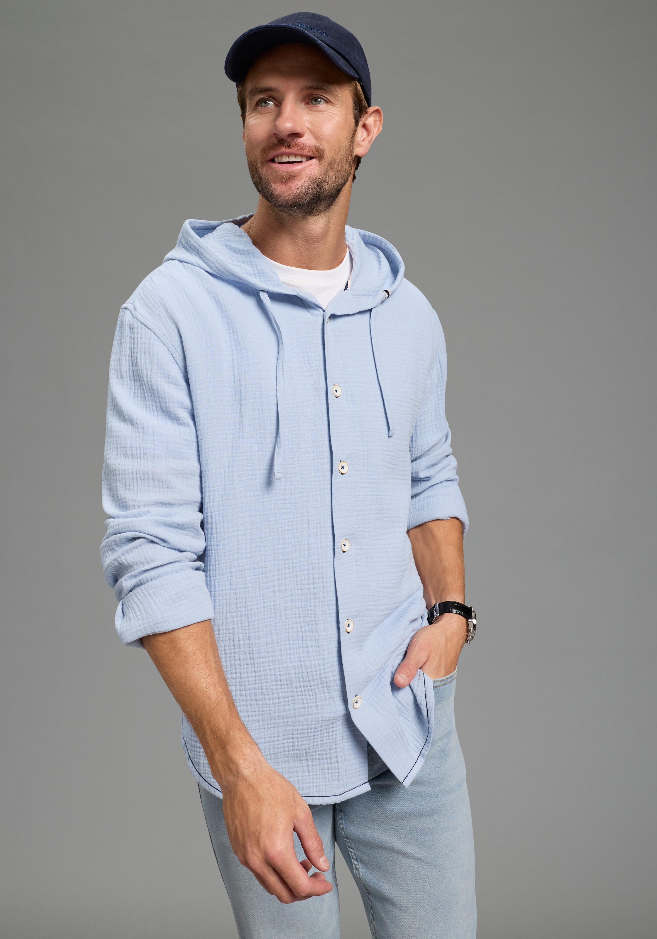 KangaROOS Kapuzenhemd Langarm mit Ärmelschlitz, für Casual- und Streetwear, aus Baumwolle