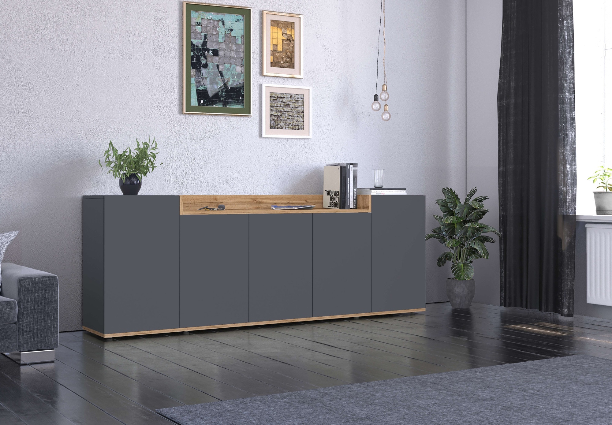OTTO home Sideboard »BOLSENA, Kommode, Schrank,Lowboard mit 8 Fächer und offenes Ablagefach« 1 Stk. tlg. stehend/hängend montierbar, Made in Italy, B/T/H: 200 × 35 × 71,2 cm