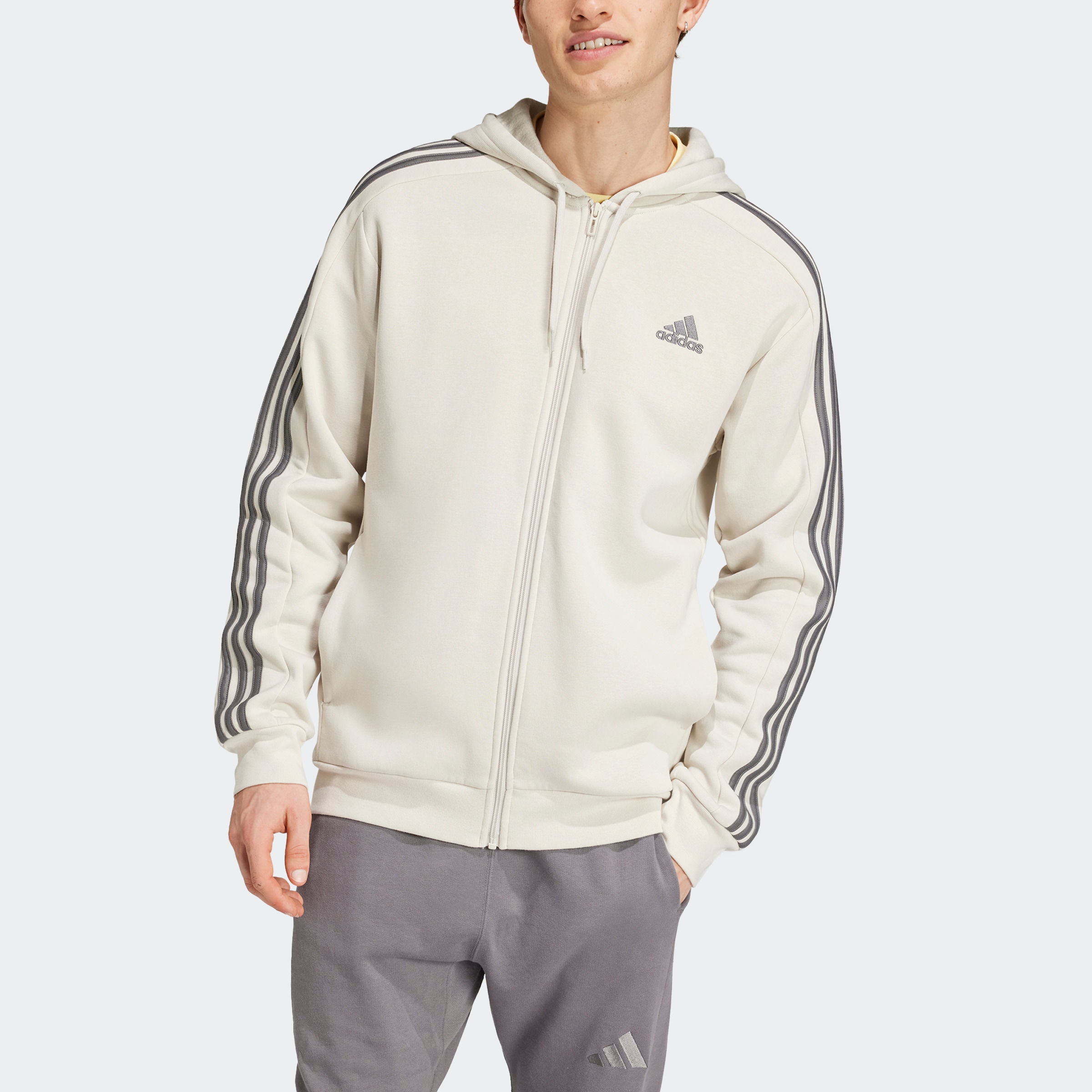 adidas Sportswear Kapuzensweatjacke »ESSENTIALS 3STREIFEN KAPUZENJACKE«, angenehmes Material aus Baumwollmix