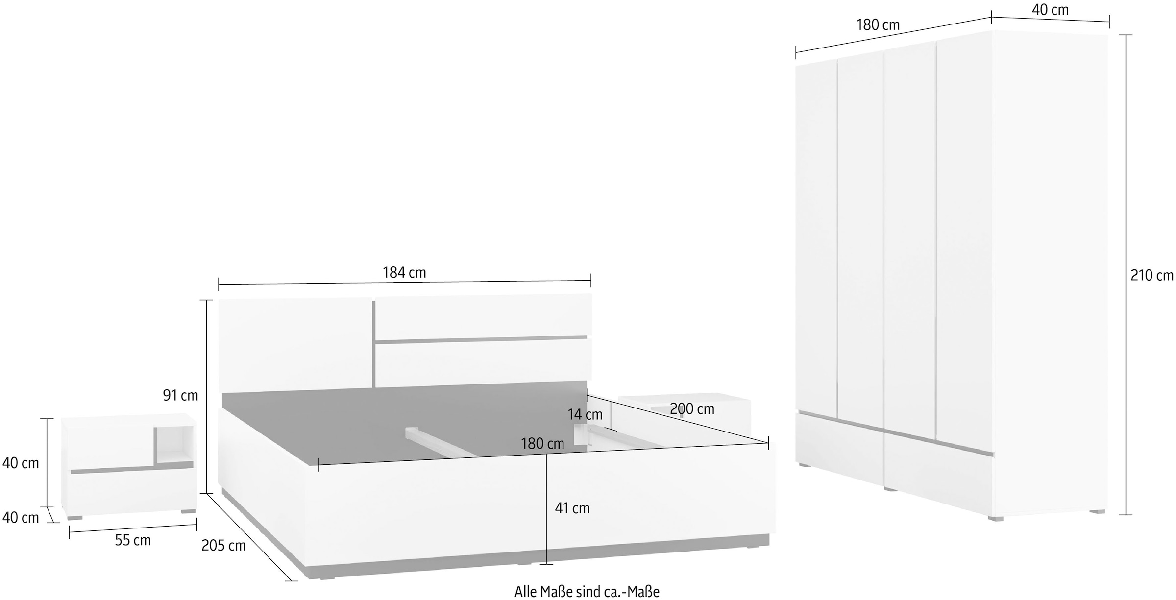 INOSIGN Schlafzimmer-Set »Cross, moderne, grifflose Optik, FSC-zertifiziert«, (4 tlg., Bett 180x200cm, 2 Nachtkommoden, Schrank 2-oder 4-türig), Komplettschlafzimmer-Set