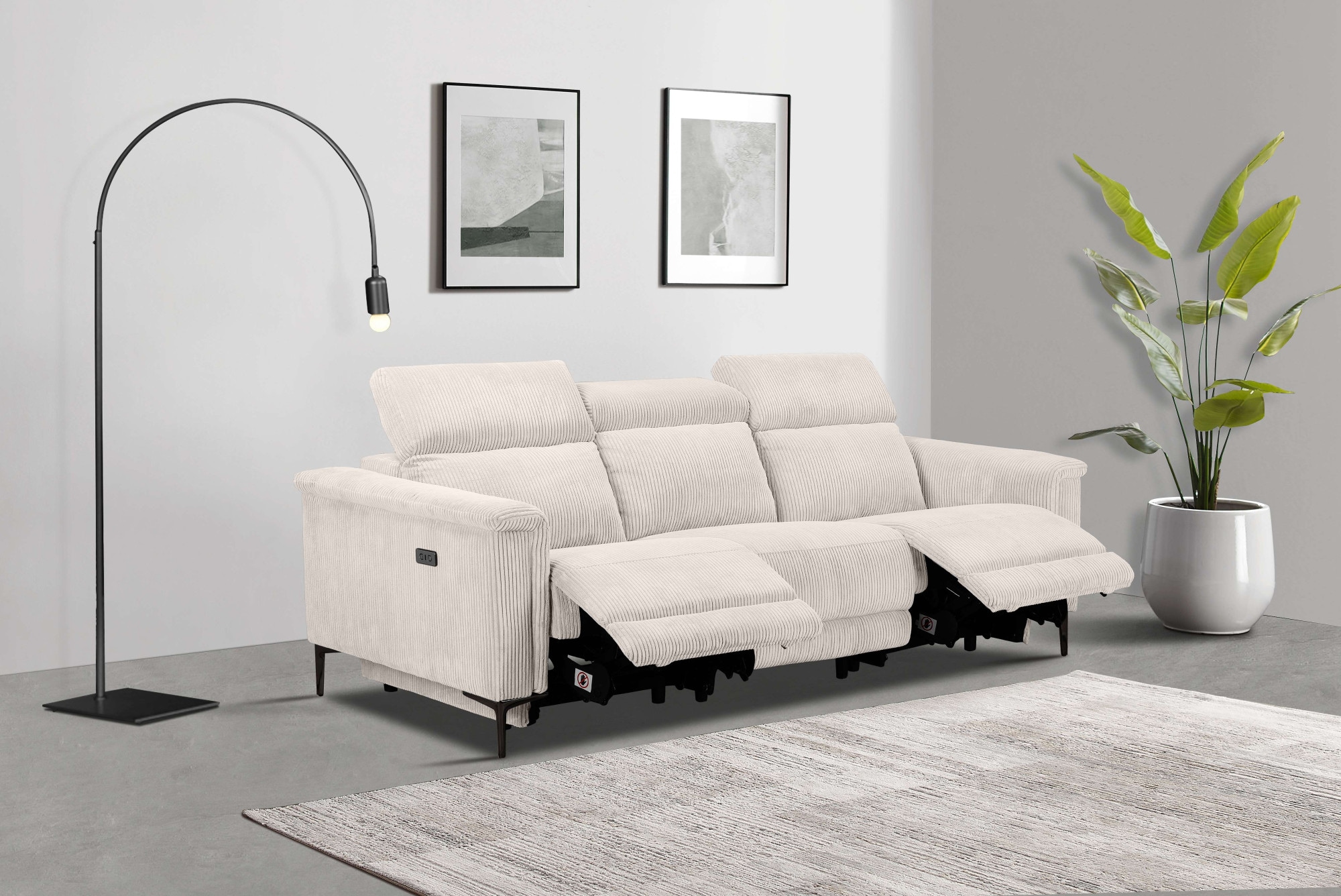 Places of Style 3-Sitzer »Lund Cord, mit manueller o. elektrischer Relaxfunktion in 2 Sitzen,«, USB, Kopfteilverstellung, Breite 222 cm