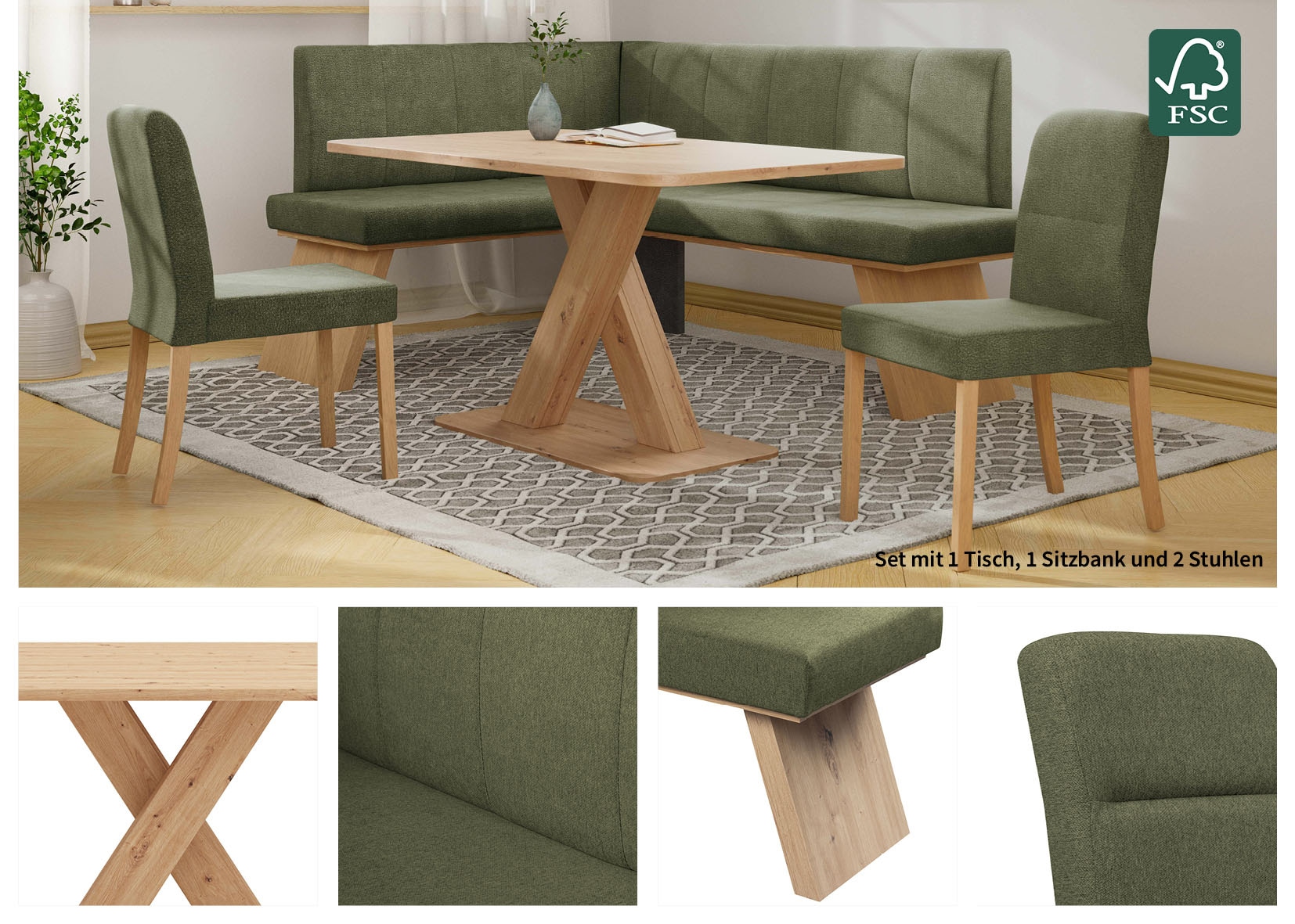 Home affaire Eckbankgruppe »Nina«, (Set, 4 tlg., 4er), Sitzgruppe Esszimmer Stühle Tisch und Bank bequem gepolstert