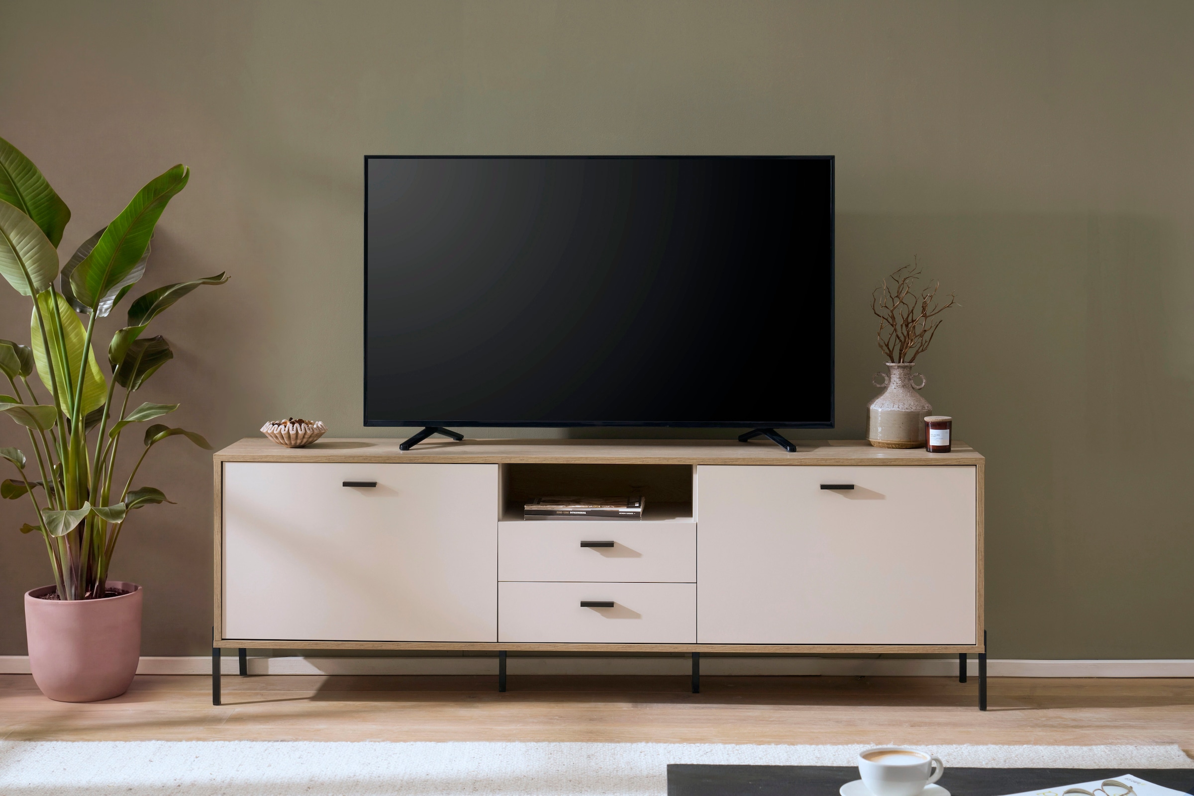 Home affaire Lowboard »Fredericia, TV-Schrank in Kaschmir, moderner TV-Unterschrank, Kommode« zeitlos, schwarze Metallgriffe und -füße, ausreichend Stauraum