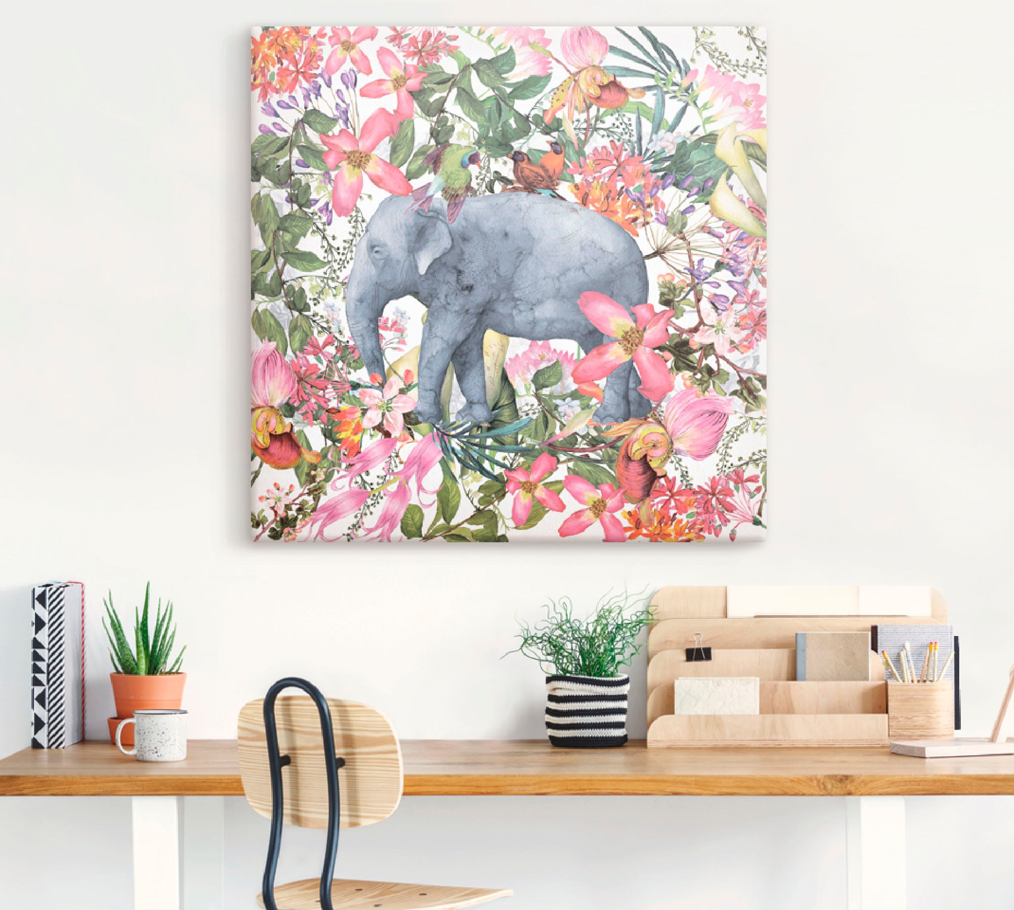 Artland Wandbild »Elefant im Blüten Dschungel«, Wildtiere, (1 St.), als Leinwandbild, Poster in verschied. Größen