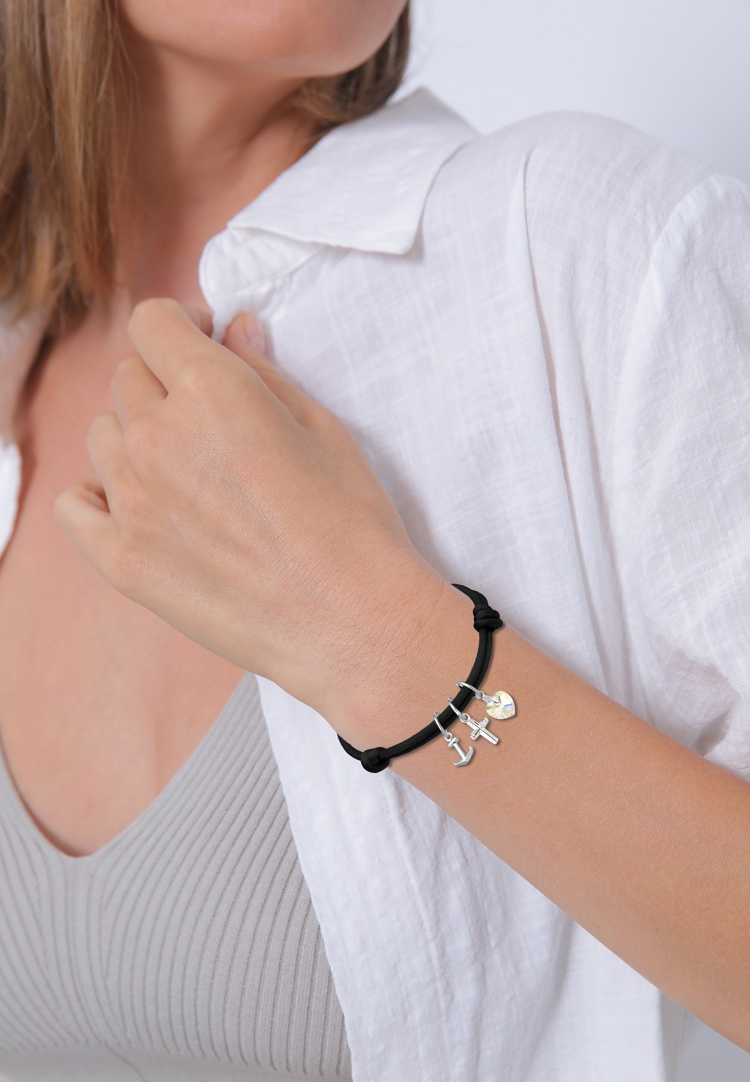 Elli Armkette »Armband Kreuz Herz Anker Kristalle 925 Silber«