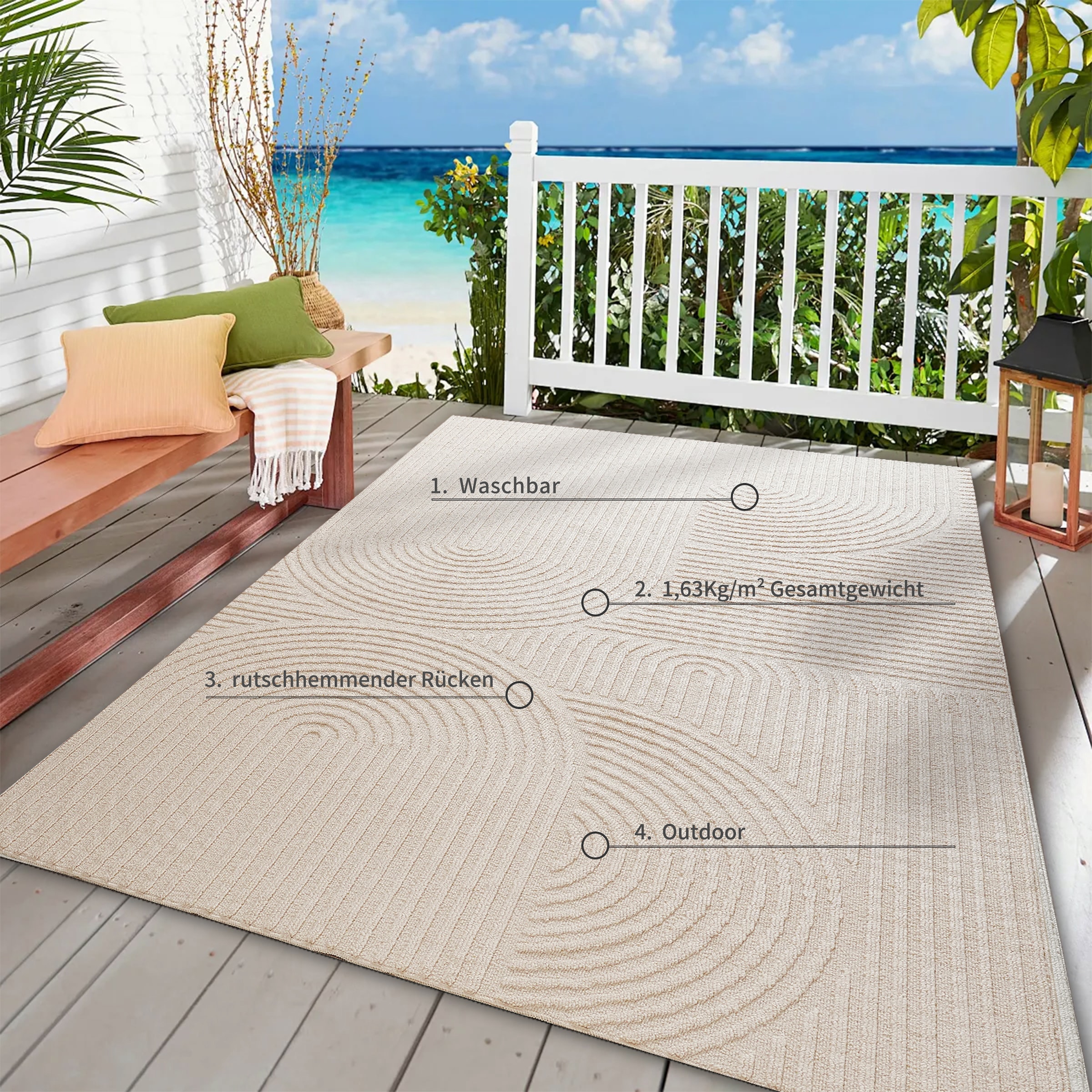 OTTO home Teppich »Jola, In- und Outdoor geeignet, Hoch-Tief-Design, Scandi« rechteckig 9 mm Höhe Hoch-Tief-Struktur, Zen, Wetterfest & UV-beständig, Balkon, Camping