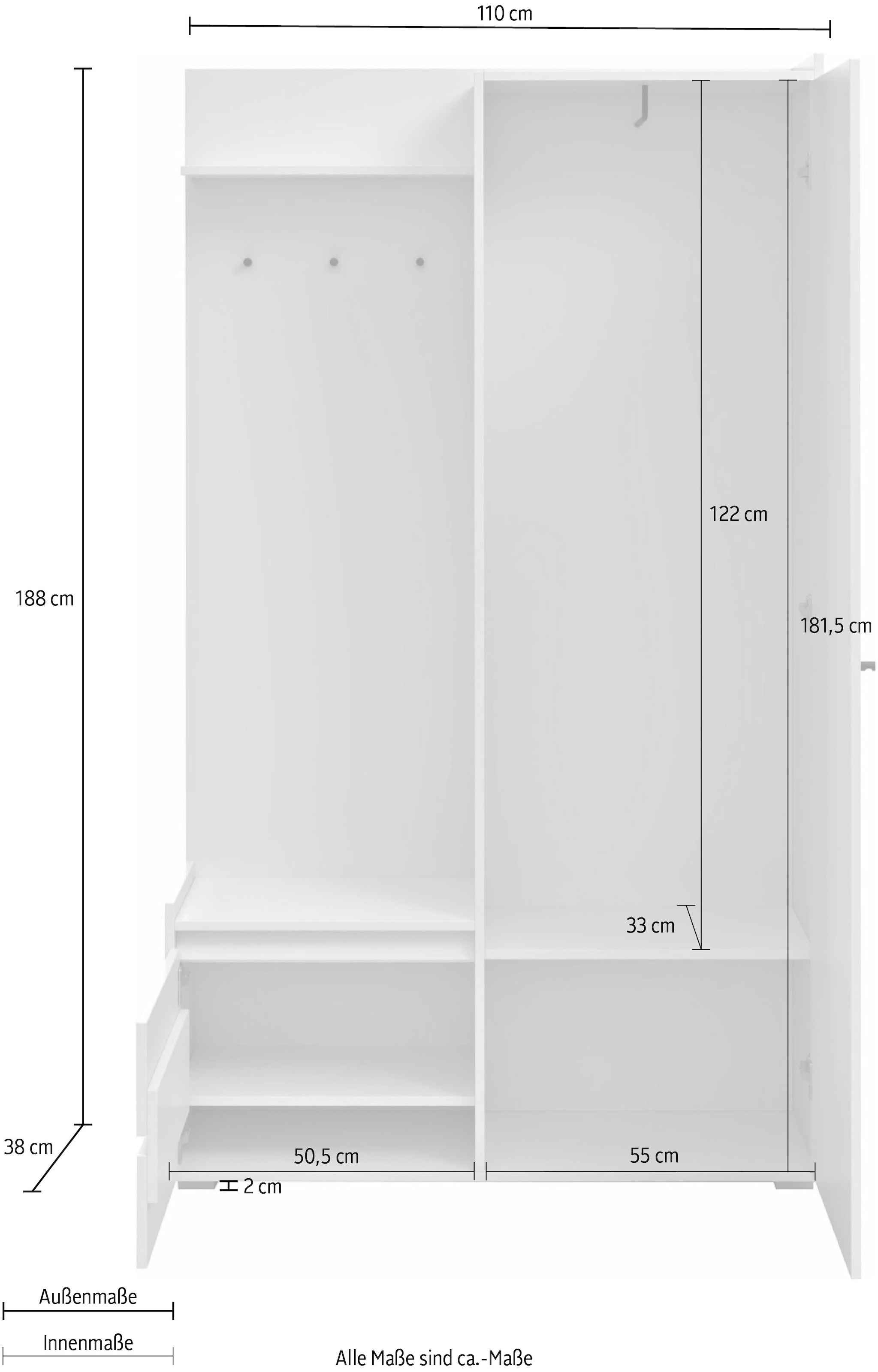 INOSIGN Garderobenschrank »Kosmo«, mit Spiegel Maße 118 x 30 cm, Höhe 190 cm, Breite 110 cm