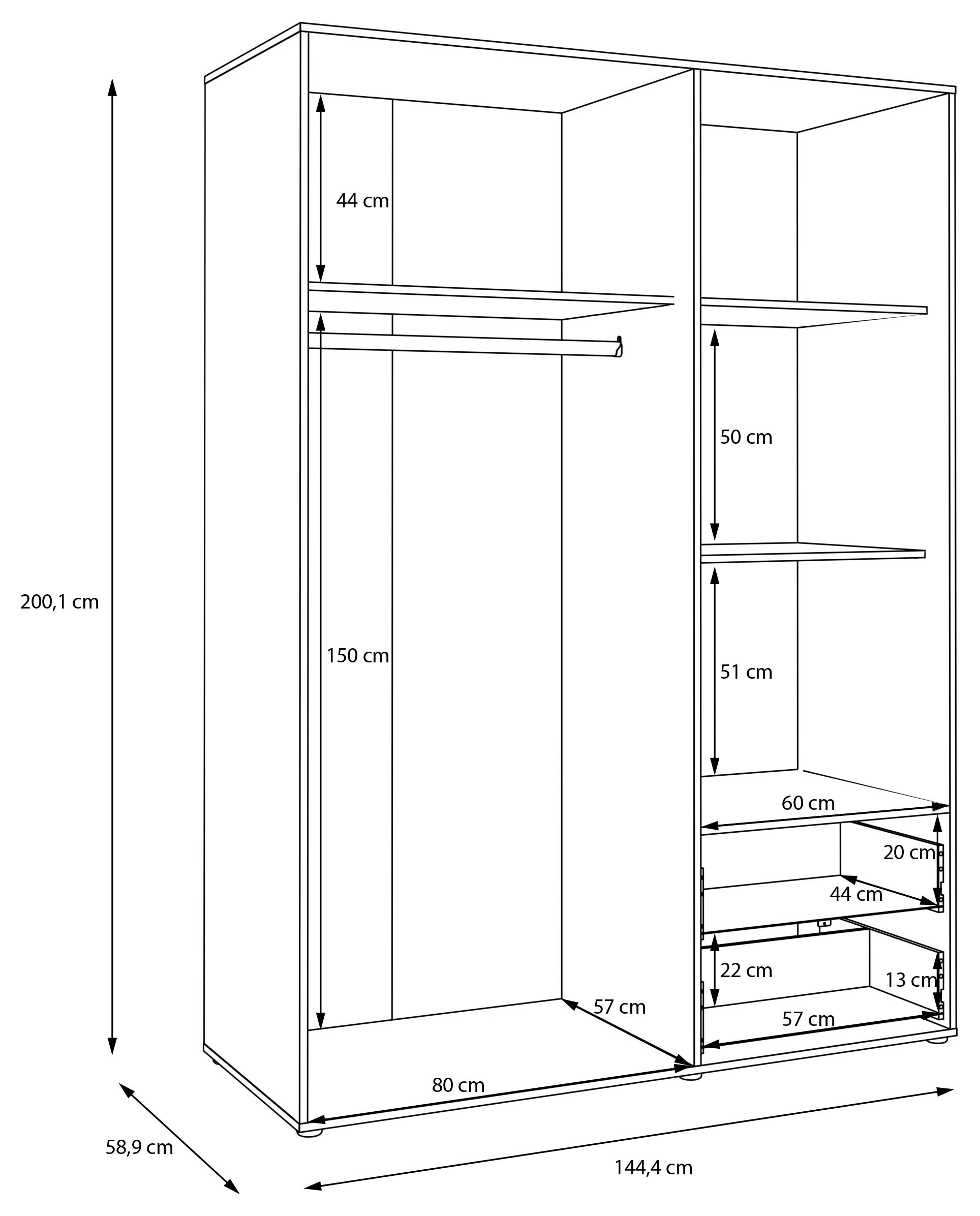 FORTE Drehtürenschrank »Mokkaris, TOPSELLER! 3 oder 4 Türen, zeitloses Design«, (BHT ca. 145x200x59cm oder BHT ca. 206x200x59cm), Schubladen + schwarze Stangengriffe, Made in Europe, viel Stauraum